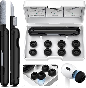 Air Pods Pro 2nd Generation/1st Generation Earbuds 8 Earbud mounting Slots with Noise-canceling Holes and Built-in dust mesh, USB-C Charging Cradle, and Cleaning kit. 4 Pairs XS/S/M/L, Black