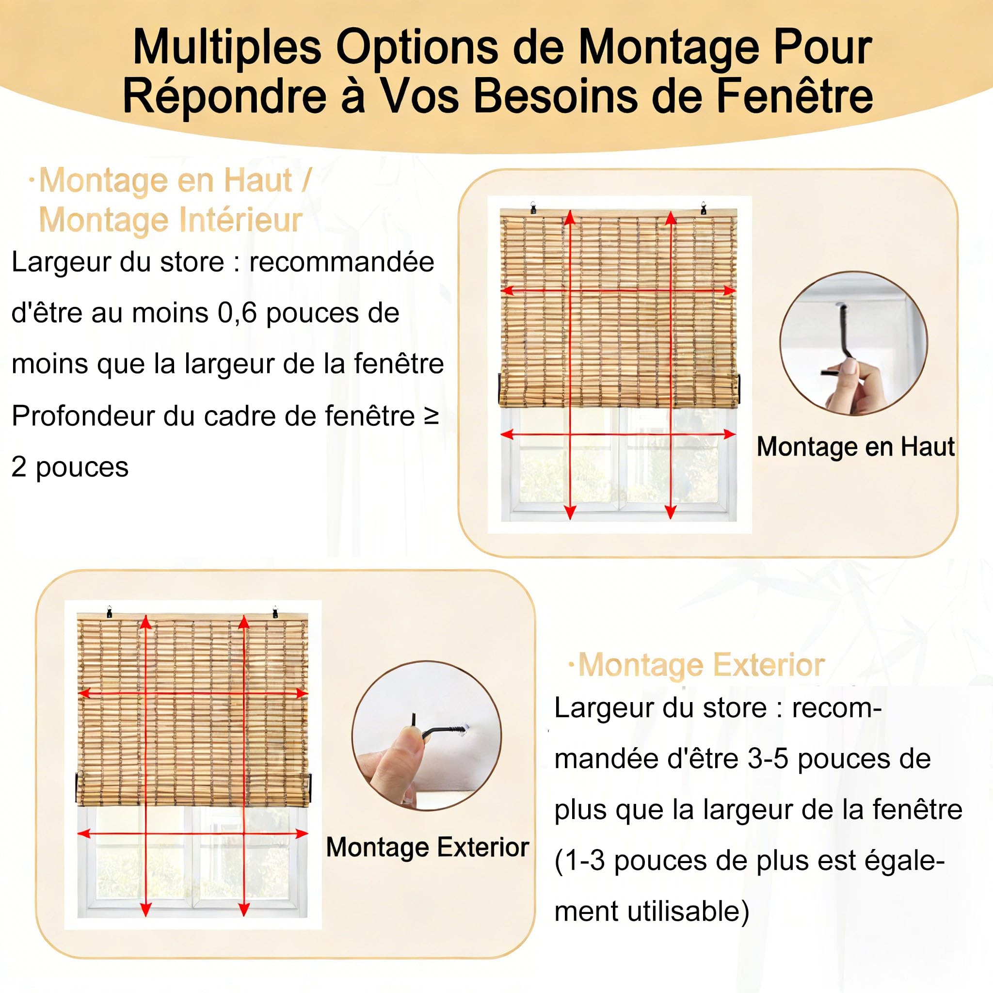 Store Enrouleur en Bambou Opaque, Protection Solaire et Brise-Vue pour Porte/fenêtre (Marron, 90 x 220 cm)