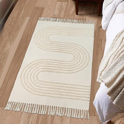 Boho Rug for Bedroom,3' x 5' Washable Cotton Area Rug for Kitchen,Beige Woven Linear Tufted Living Room Rug with Tassels Accent Farmhouse Indoor Carpet for Entryway Porch Dorm