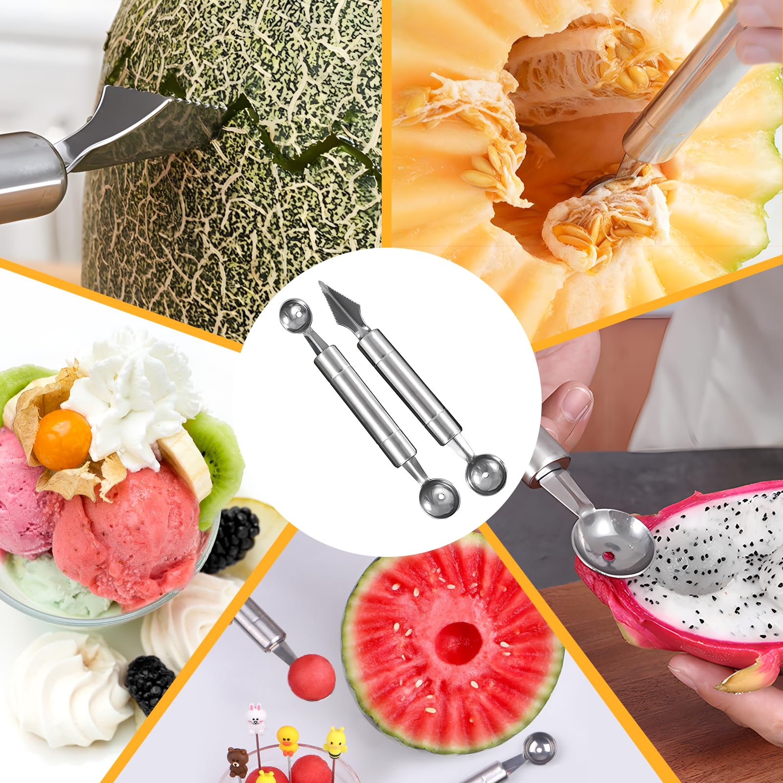 2 Stück Melonenausstecher Edelstahl - Doppelkopf Kugelausstecher 3cm & 2,5cm Mit Schnitzmesser