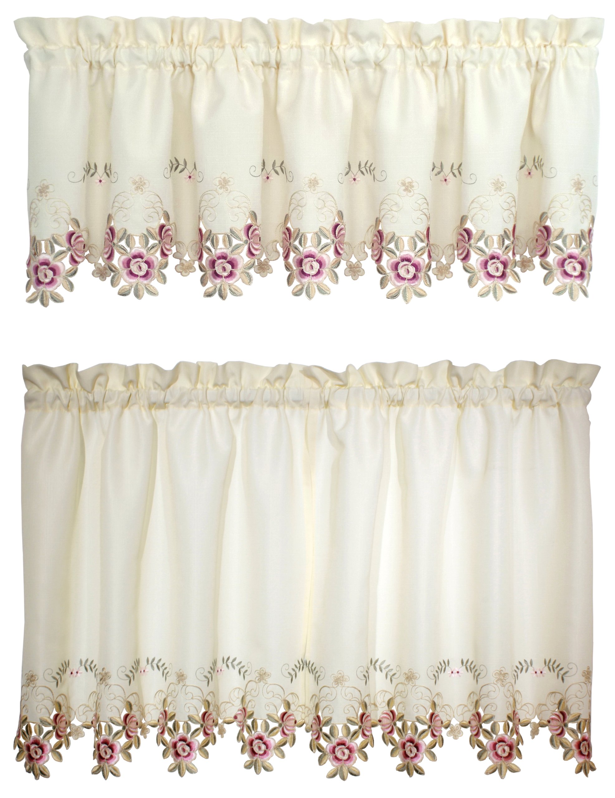 Today's Curtain Verona Reverse Embroidery Window Tier, 30-Inch, Ecru/Rose