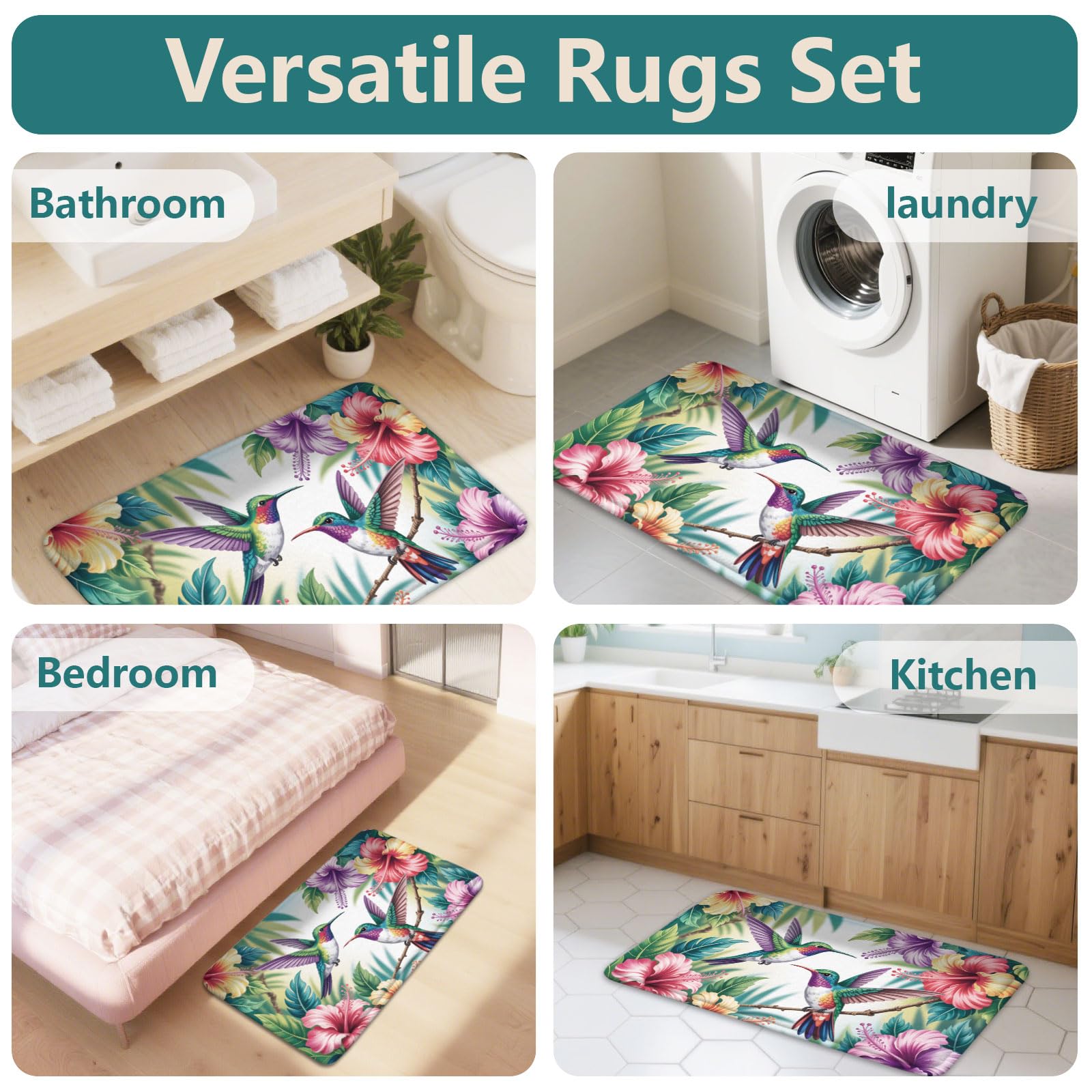 peacoblue Ensemble de Tapis de Bain 3 Pièces Style Colibri avec Fleurs, Tapis de Salle de Bain Antidérapant et Lavable, Tapis de Sol avec Housse de Couvercle de WC pour Toilettes