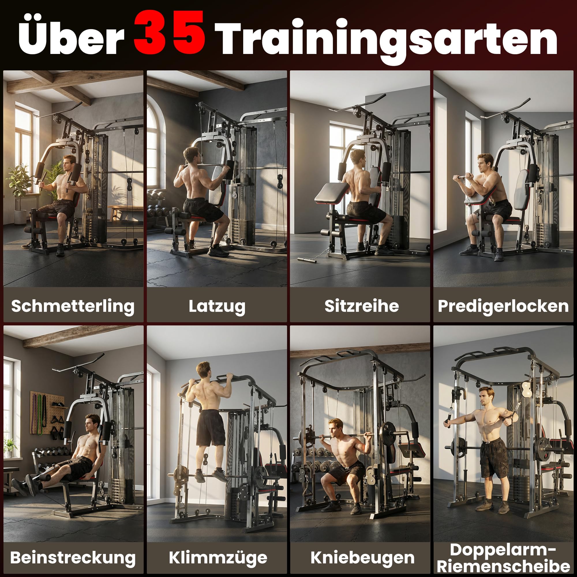 SPORTNOW Station de musculation avec poids de 65 kg, barre de traction à latte, barre papillon, banc de préacher, banc de musculation des jambes, appareil multifonction Smith Machine Multistation
