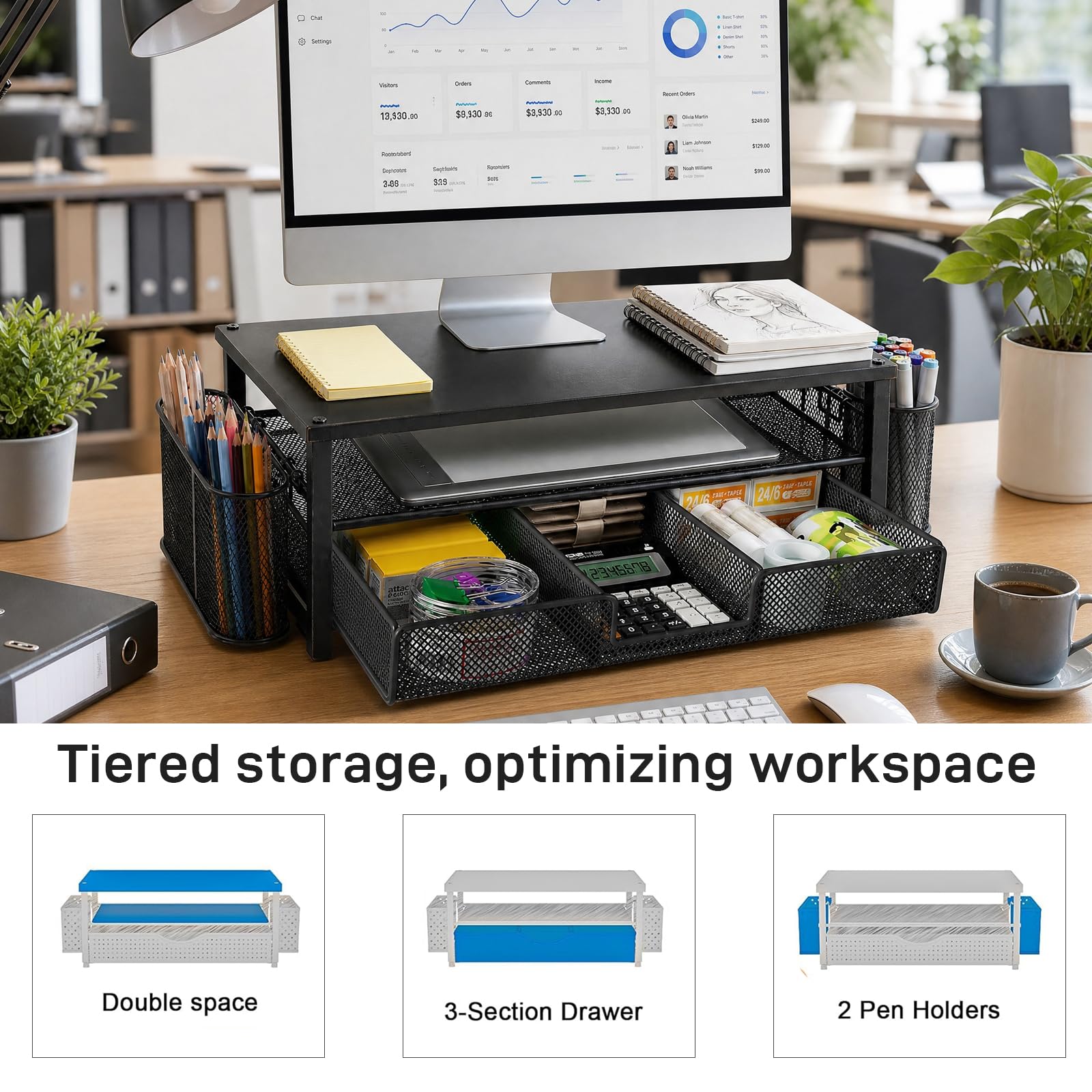 Supporto per monitor con cassetto e 2 portapenne, rialzo ergonomico da scrivania per laptop e schermo, organizer multifunzionale a 2 livelli per ufficio e home office (nero)