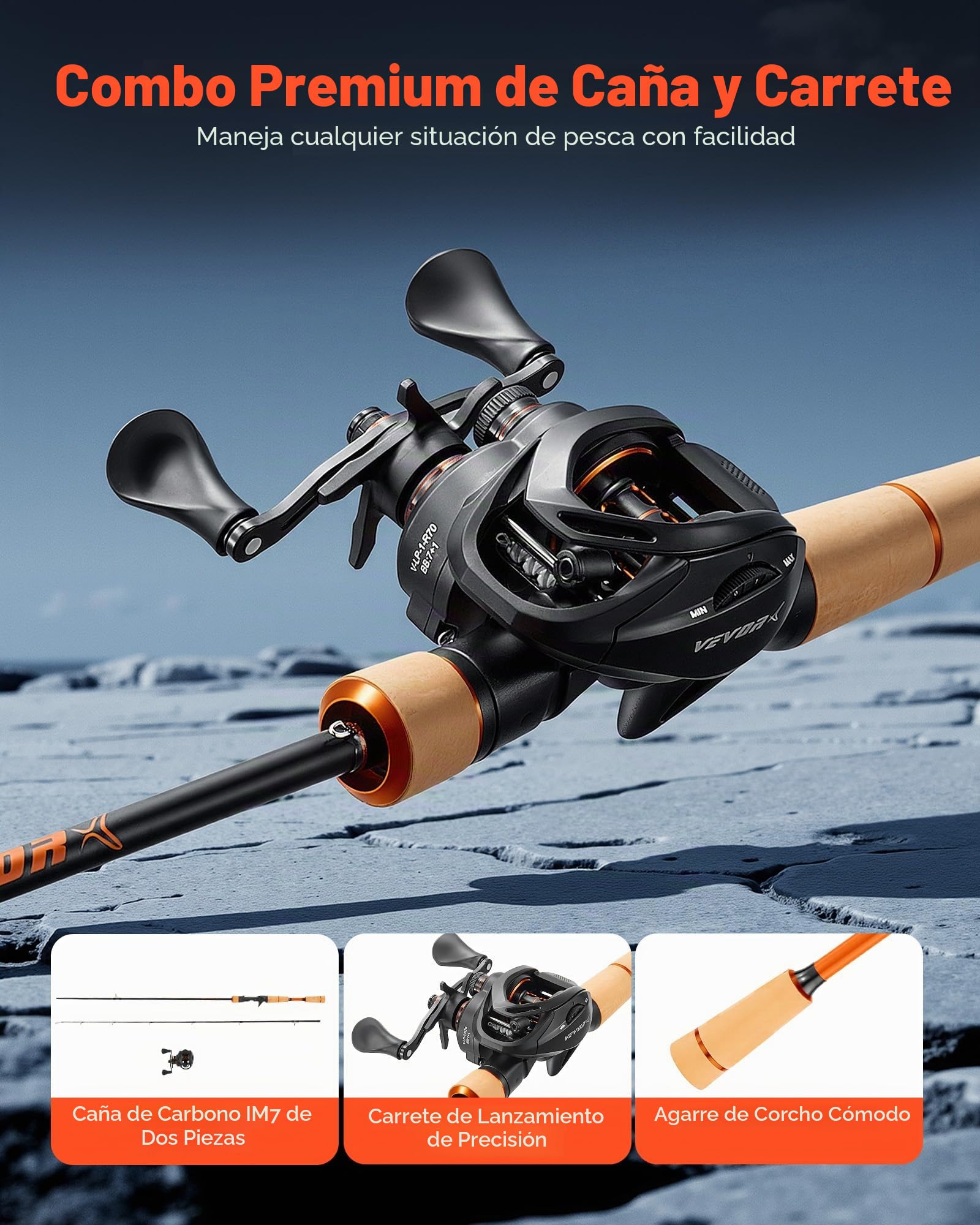 VEVOR Juego de Caña y Carrete de Pesca, Caña de Fibra de Carbono 2 m para Lubina, con 6+1 Rodamientos de Bolas y Relación de Transmisión de 7.0:1 y Mango de Corcho, para Diestros, 200 x 13 x 10 cm