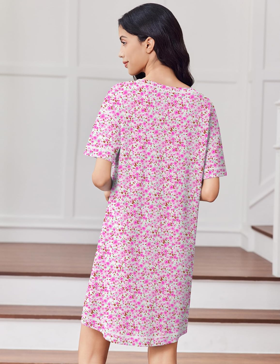 Ekouaer Cotton Nightgowns for Women Oversized Sleepshirt Tshirt Night Gown Short Sleeve Night Shirt Casual Soft Sleepwear Pink Floral Medium - Image 5