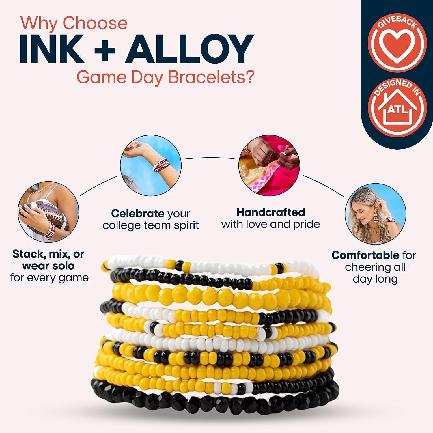 INK + ALLOY Game Day Bracelet Stacks, Beaded Bracelets for Football Gameday Outfits, Handmade Jewelry for College Students, Teachers, Football Moms, Set of 10