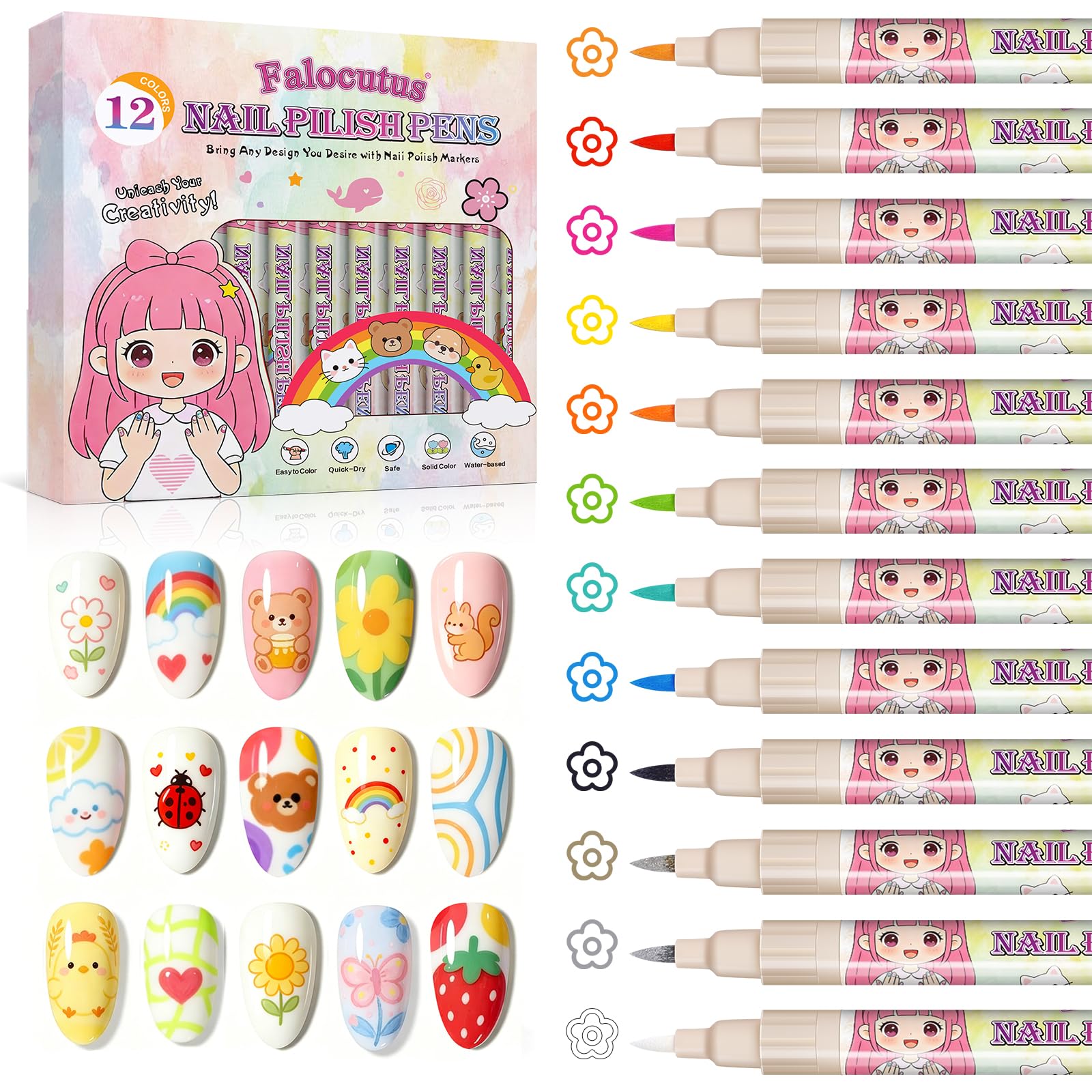 12 Colors Nails Art Pens Set,0.7mm Fine Tip Dotting & Liner Brush for Nail