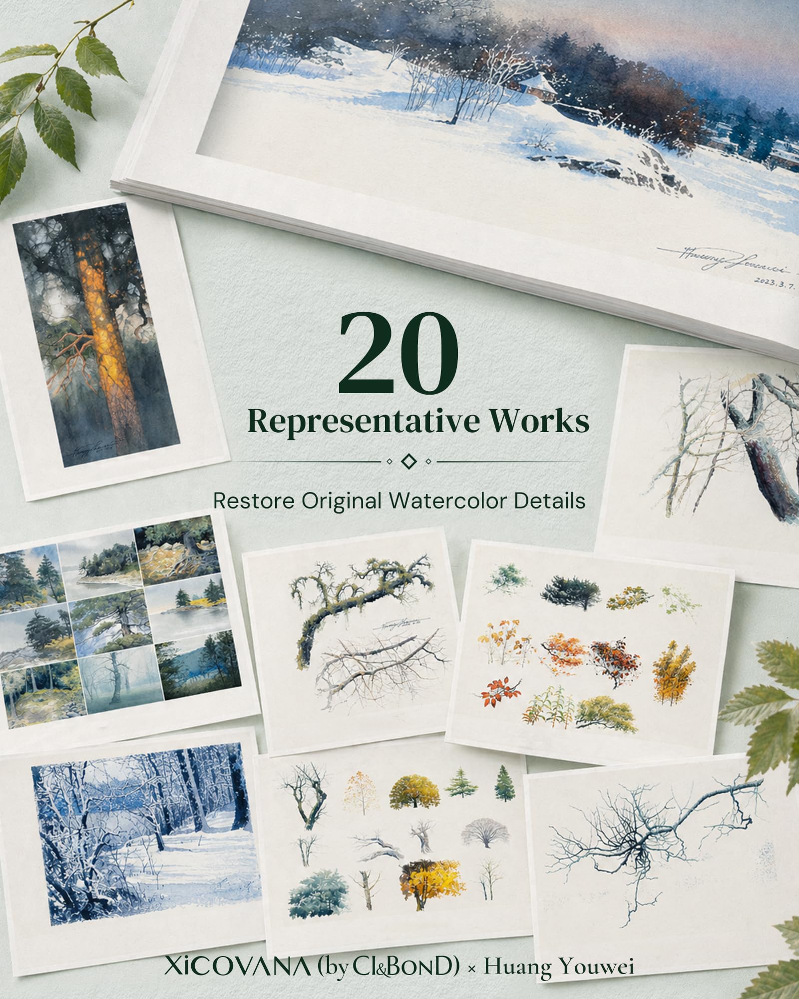 XiCOVANA Huang Youwei Tree Series - Set di fotocopie ad acquerello, riproduzione autorizzata dall'artista, 20 fogli di carta artistica di alta qualità, confezione regalo in velluto per tracciare