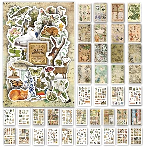 Prstincol Vintage Aesthetic Washi Stickers and Papers for Scrapbooking, 40 Sheets Ephemera Book for Art Journaling with Nature Forest Theme Stickers and Decoupage Papers for Junk Journal - forest