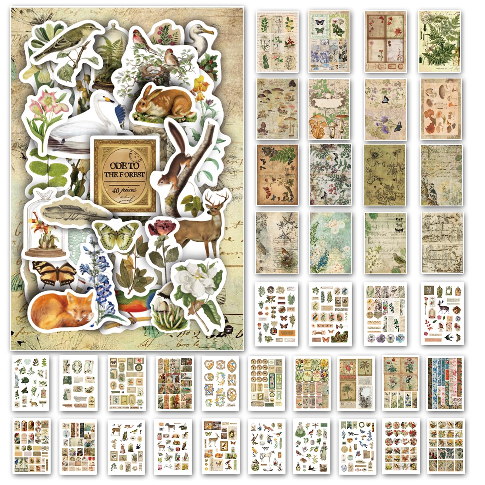 Prstincol Vintage Washi Aufkleber und Papiere für Scrapbooking, Ephemera-Buch für Kunstjournaling mit Naturwald-Themen-Aufklebern und Decoupage-Papieren für Junk Journal Bullet Journal