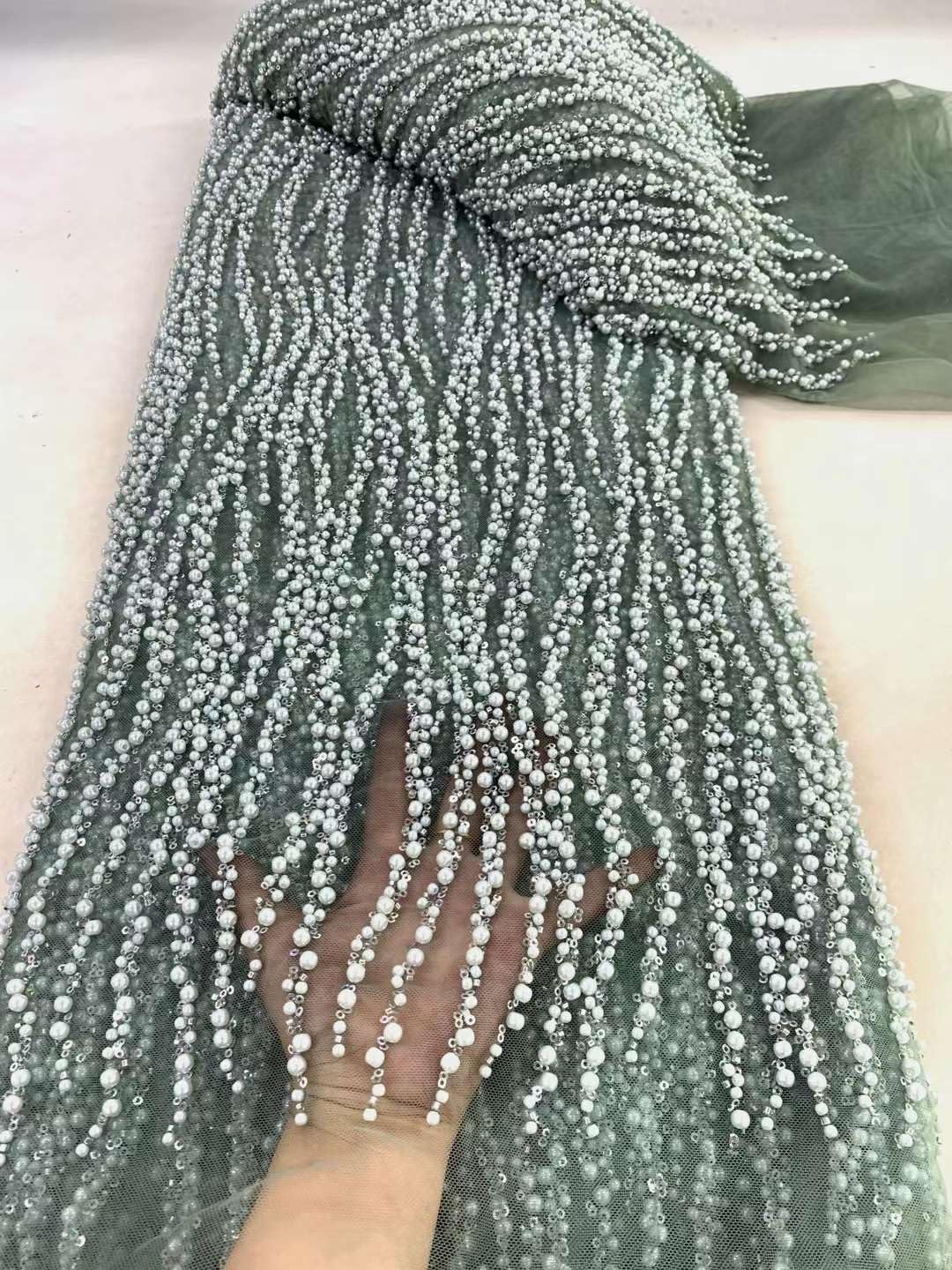 African Heavy Beaded Lace Nigerian Sequin Pearl Lace French Tulle Fabric for Wedding Party Dress (White,5 Yards)