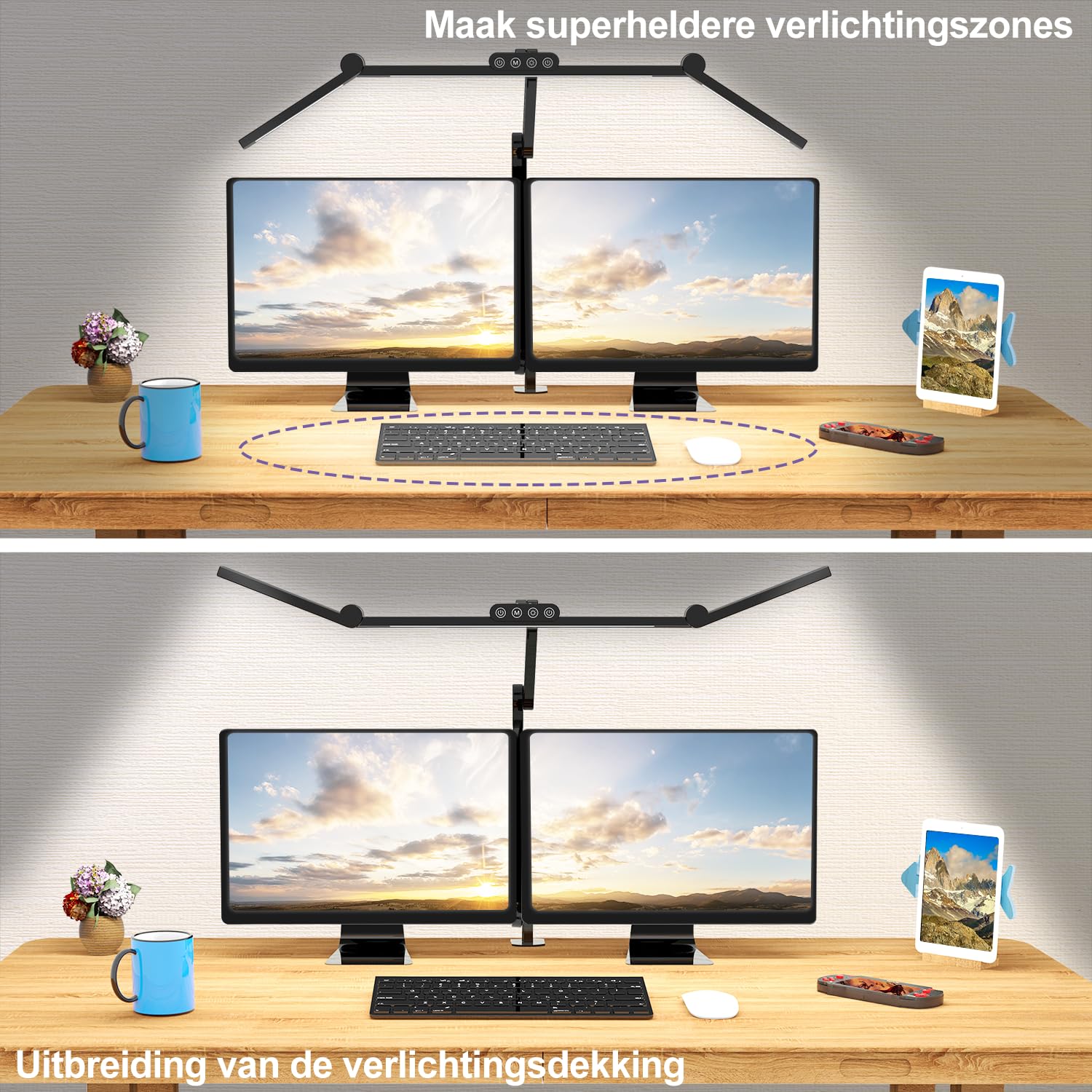 24W Superhelle Dimmbare LED Schreibtischlampe, 1500 Lumen LED Tischlampe für Haushalt und Büro mit Ambiente-Licht, Tageslichtlampe, Klemmlampe mit Drehbarer Lichtstange, Bürolampe [Energieklasse G]