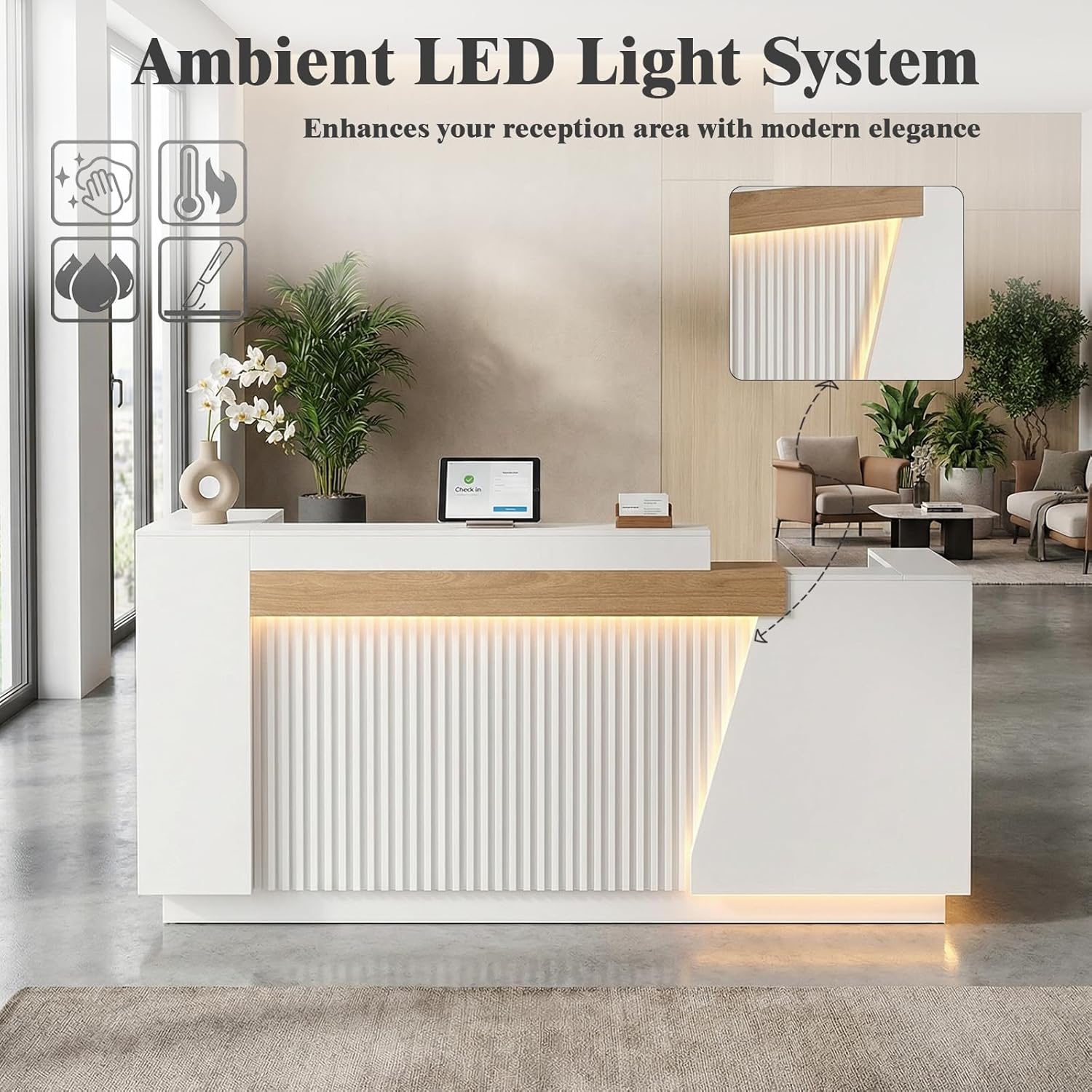Modern Reception Desk with LED Lights & Built-in Outlets, 63” L-Shaped Front Desk with Slatted Grille Design,White Checkout Counter for Salon, Retail Store, Office, Dimmable Switch