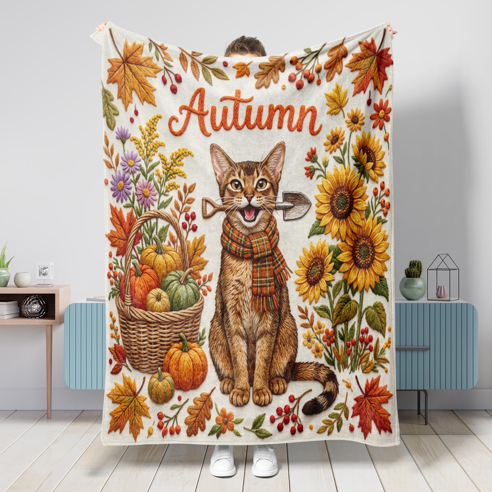 Couverture moelleuse en flanelle de qualité supérieure motif chats abyssins d'automne
