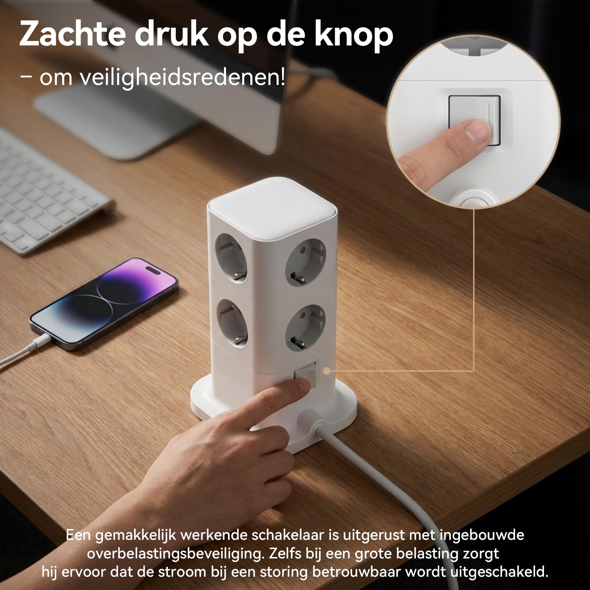 TOPADRE Tipo Torre con Carga rápida de 65 W y Cable retráctil de 70 cm. Regleta multifunción 11 en 1 con protección contra sobretensiones, Interruptor y Cable.