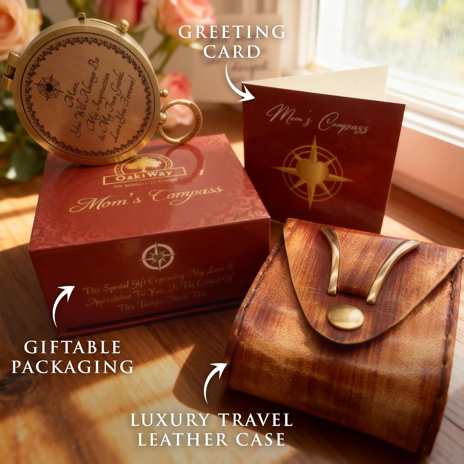 Makeup Compact Hand Mirror Gift for Mom, with Compass - Gifts for Mom from Daughter or Son – Birthday, Mothers Day - Sentimental & Meaningful Gifts Ideas for Mama - Made of Premium Brass