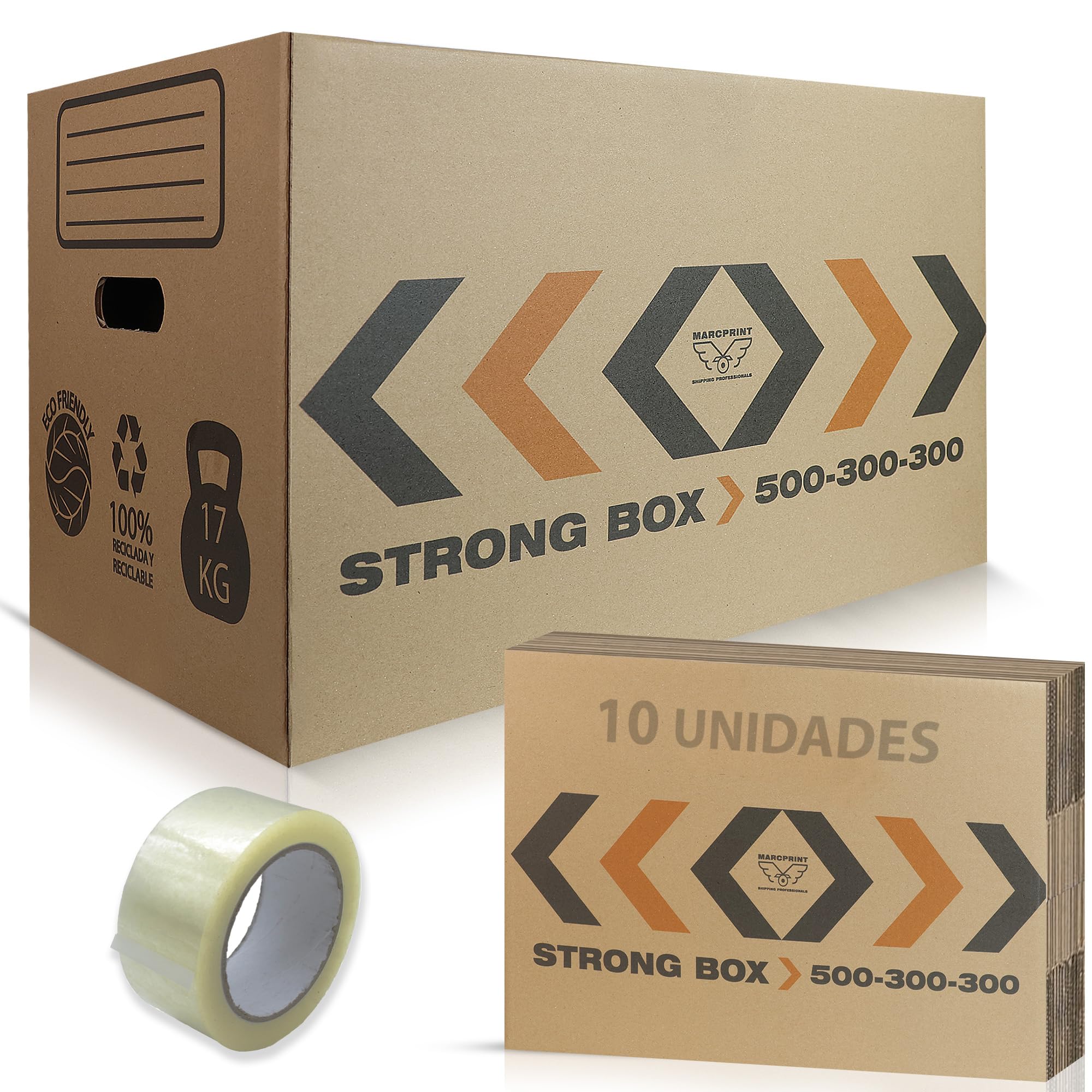 MARCPRINT Pack 10 Cajas Mudanza + PRECINTO - Cajas Carton Mudanza (50x30x30cm) Reforzadas y Resistentes - Cajas de Carton Certificación FSC - Cajas de Carton Mudanza 100% Reutilizables