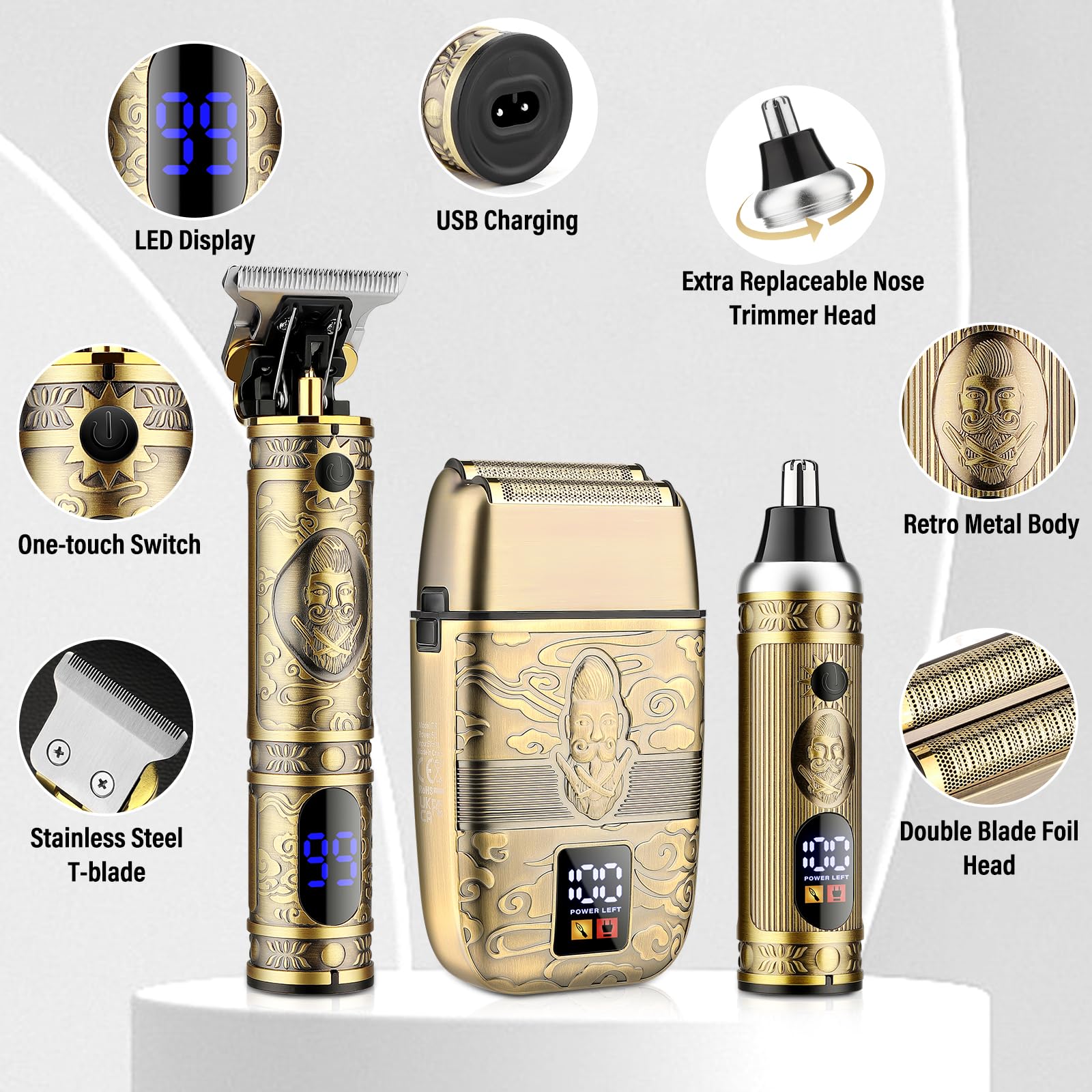 Saoilli Professional Hair Trimmer Hair Clippers for Men, Nose Hair Trimmer Men's Shaver Set,Cordless T-Blade Beard Trimmer Mens Barber Clippers,Electric Foil Shavers Razor for Men Haircutting Kit
