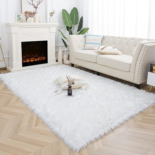 Noahas - Alfombra de lujo esponjosa para dormitorio o habitación, alfombra con piel de oveja, Lana cuero de imitación, Blanco