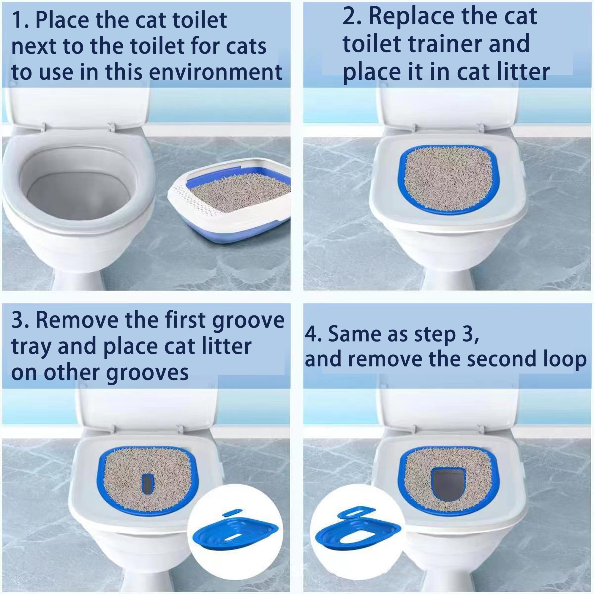 SUQ Cat Trainer Toilet Kit de Formation aux WC pour Chats, Pack Réutilisable en Plastique Bleu
