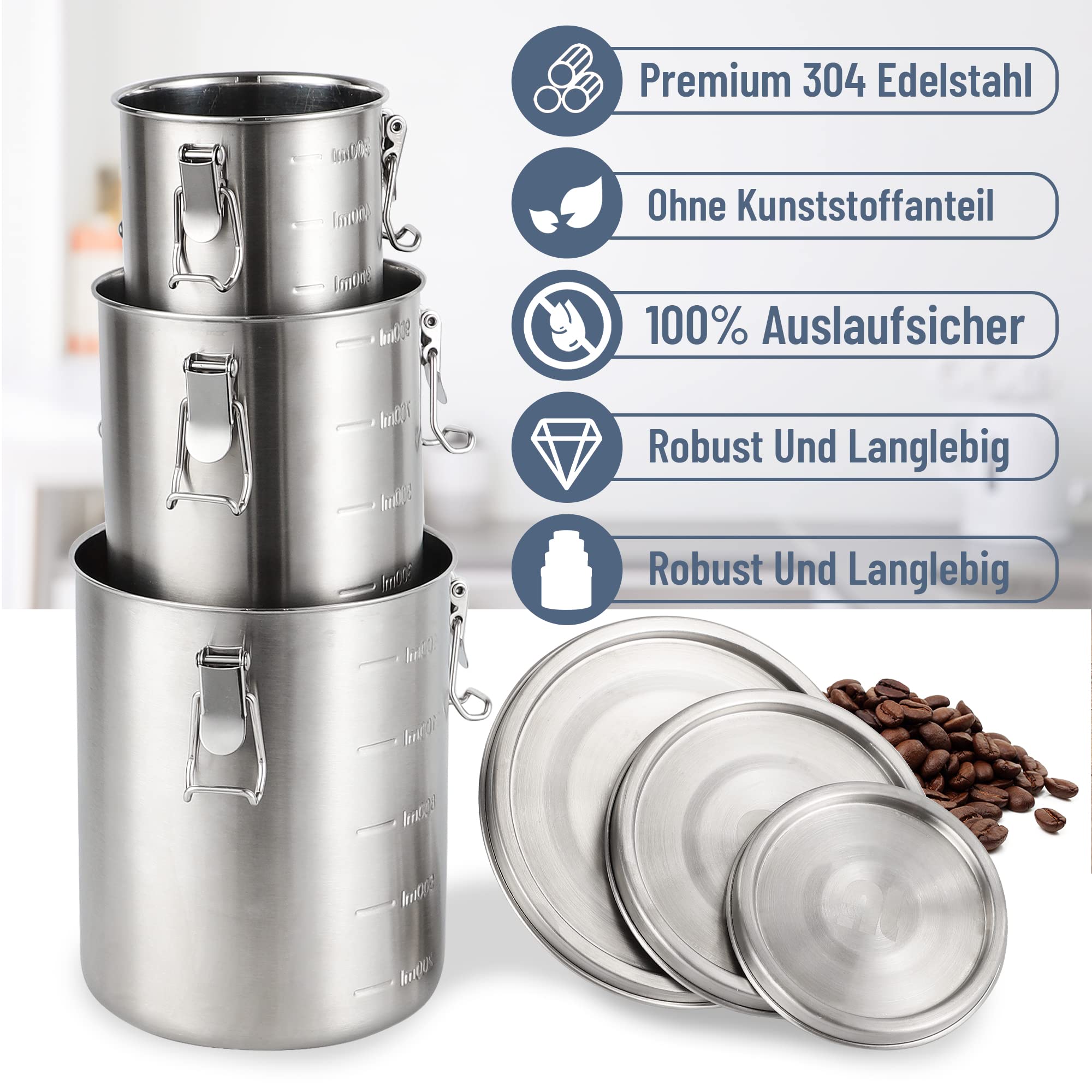 nicelock Vorratsdosen Edelstahl 3 Stück, Vorratsdosen Mit Deckel, Kaffeedose Luftdicht, Frischhaltedosen, Leichtes und Hygienisches Material - 500ml, 1000ml & 1600ml