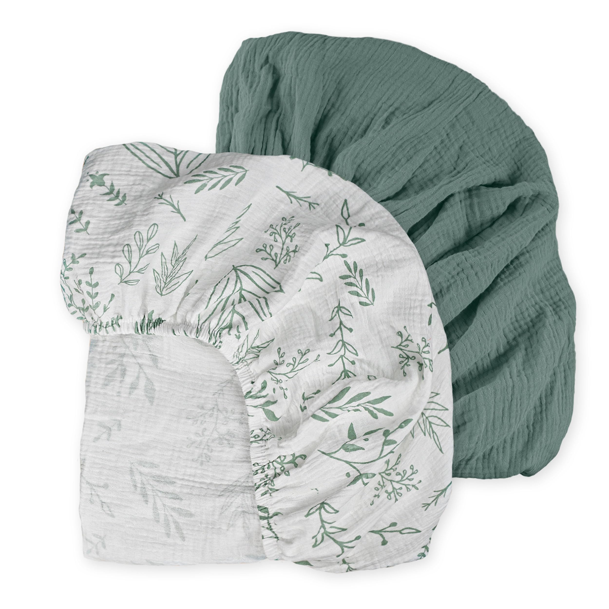 Muslin Bassinet Fitted Sheets 2 Pack, Soft Breathable Cotton Baby Bassinet Mattress Sheet Set, 360° Elastic Snug Fit, Universal for Oval, Rectangle (Bright Leaves, Pack N Play Sheets 2 Pack) — image 1