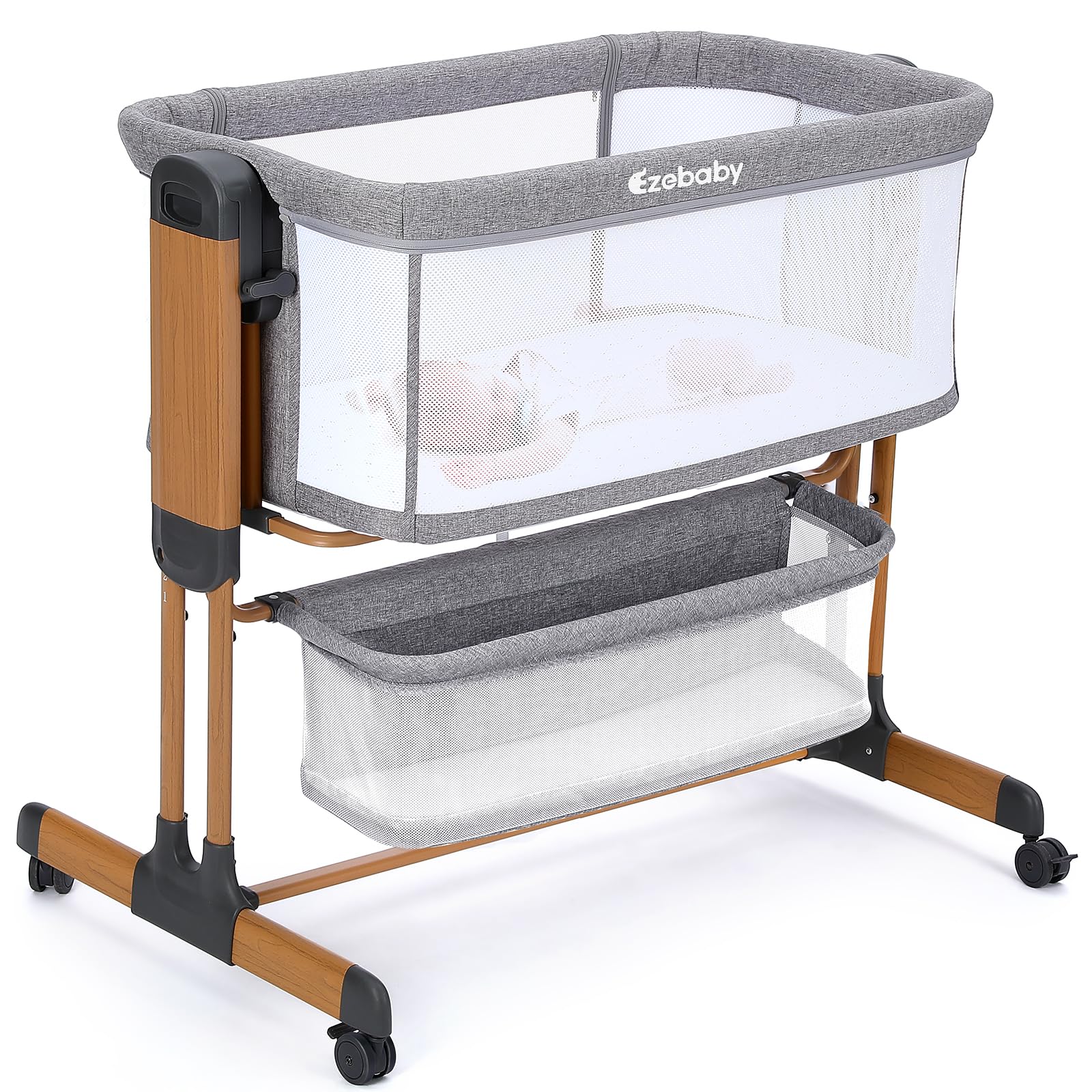 Ezebaby 3-in-1 Baby Bassinet, Rocking Baby Bassinets Bedside Sleeper, Adjustable Portable Crib for Newborn Infant with Wheels Storage Basket and Mesh Sides