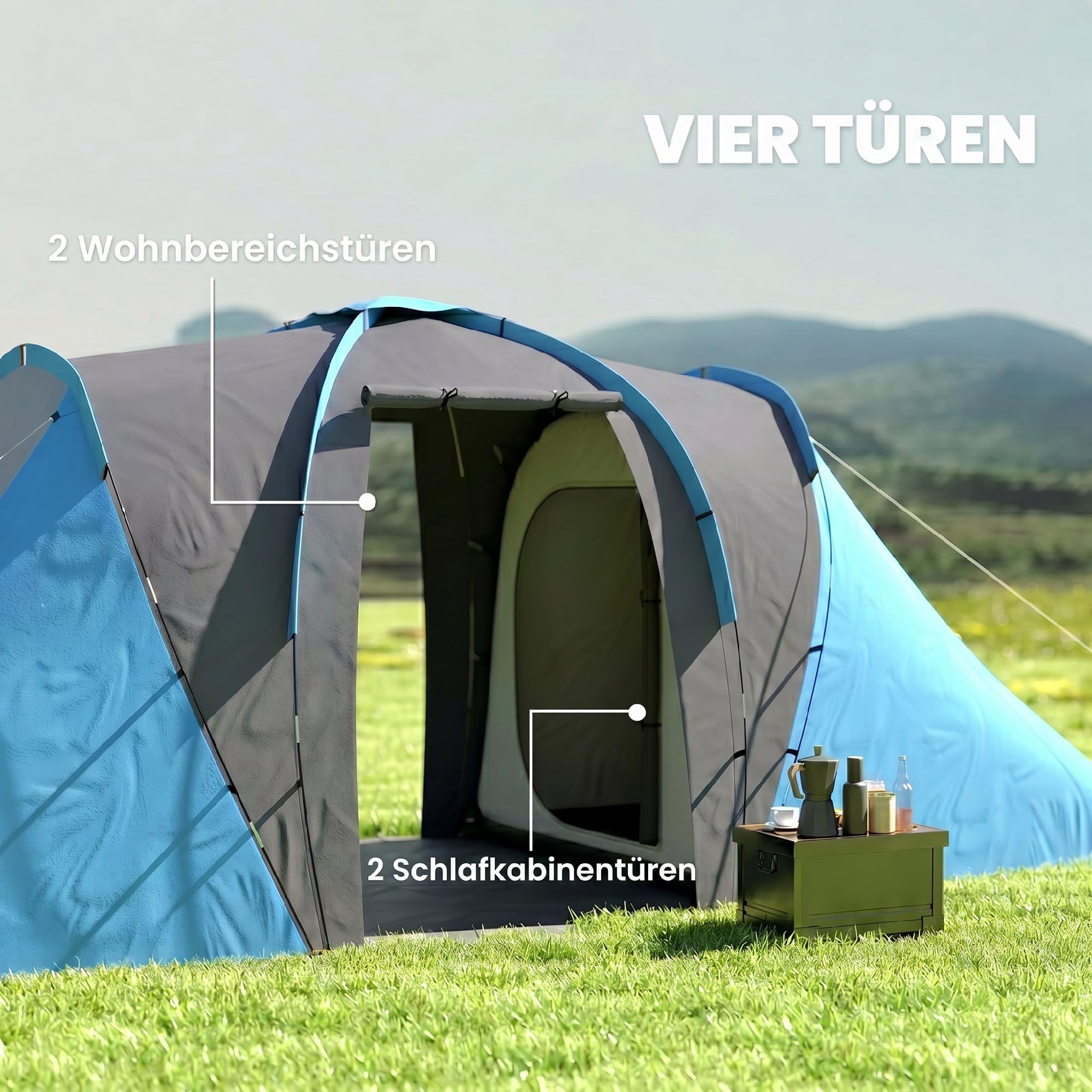 Outsunny Tunnelzelt, Campingzelt für 4 Personen, mit 2 Schlafzimmern Wohnbereich, groß Familienzelt mit Tragetasche, 2000mm Wasserabweisend Gruppenzelt, für Garten, Camping