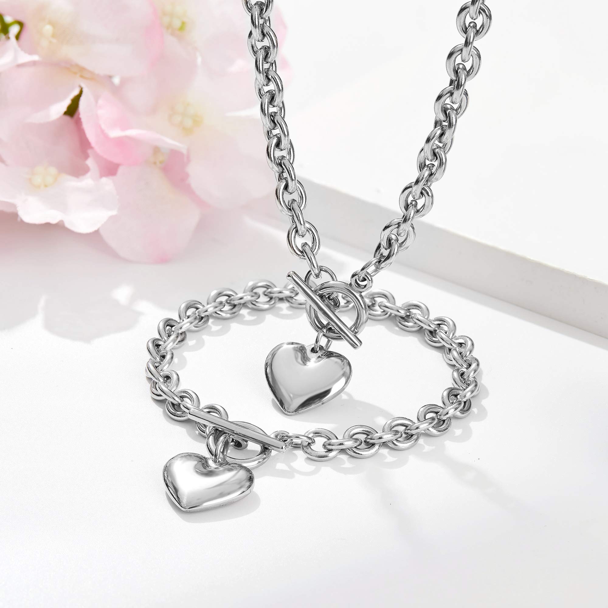 Collar de cadena de corazón + pulsera de corazón para mujeres y niñas, dije de corazones, conjunto de joyas de acero inoxidable de 18 quilates, oro rosa y plata, Acero inoxidable, Nada 3