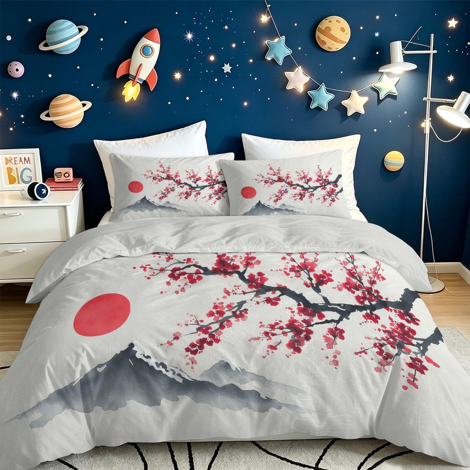 Biancheria da letto in stile giapponese, 155 x 220 cm, extra morbida, bianco crema, reversibile, in microfibra, copripiumino con chiusura lampo, per adulti, bambini e adolescenti