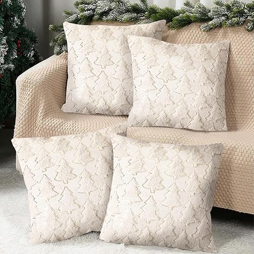 Juego de 4 fundas de almohada de Navidad de 18 x 18 pulgadas, árbol de Navidad blanco con lentejuelas doradas, fundas de almohada decorativas de