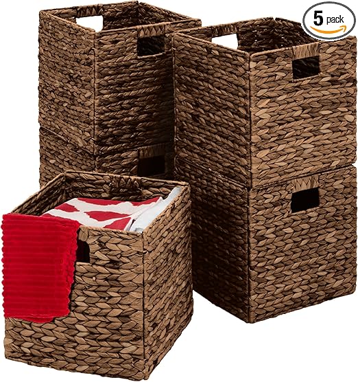 Best Choice Products 13x13in Hyacinth Baskets, Rustic Set Of 5 Multipurpose Collapsible Storage Organizer, Handwoven Laundry Totes for Bedroom, Living Room, Shelves - Brown