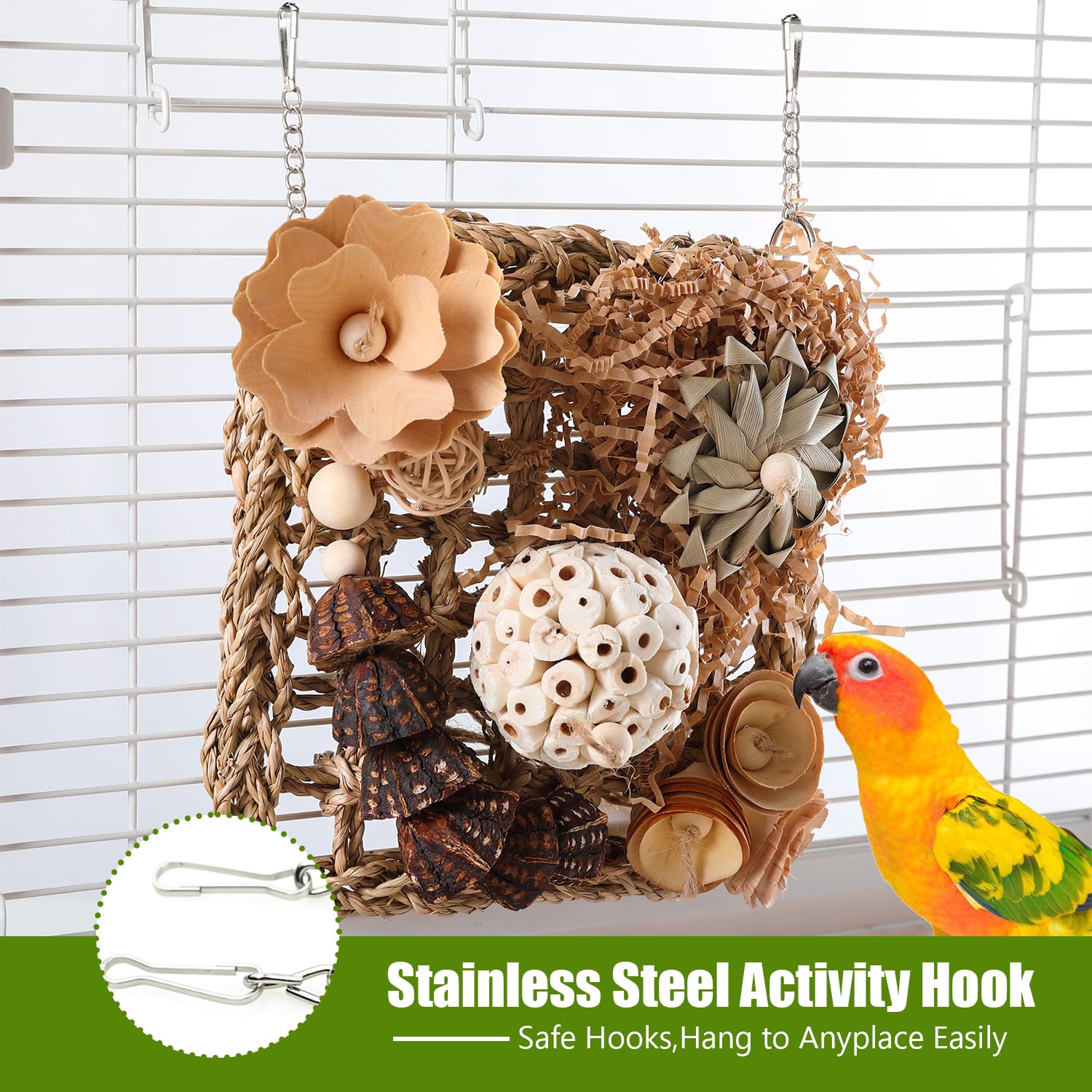 Bird Foraging Wall Toy, Seagrass Woven Climbing Hammock Mat with Chewing Toys,Parrot Shredding Hanging Toys for Cockatiel Lovebird Parakeet Budgie Small-Medium Birds (Small) - image 4