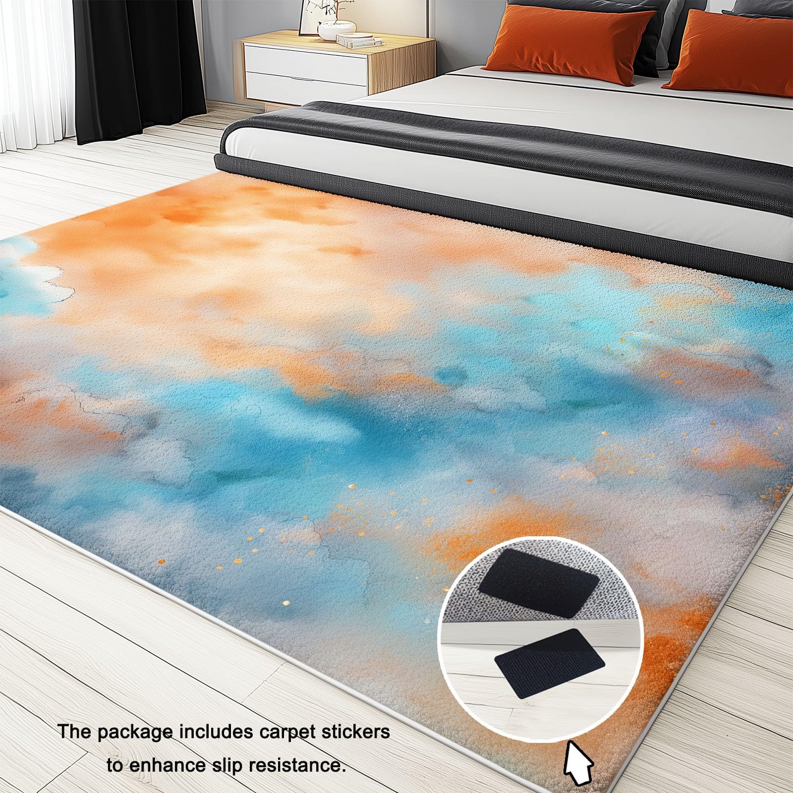 Tapis Descente de Lit 80 x 150 cm, Moquette de Sol Antidérapant et Lavable, Abstrait Art Peinture Nuages - Tapis d'Intérieur Pliable à Poils Courts pour Cuisine, Chambre à Coucher - Orange Clair