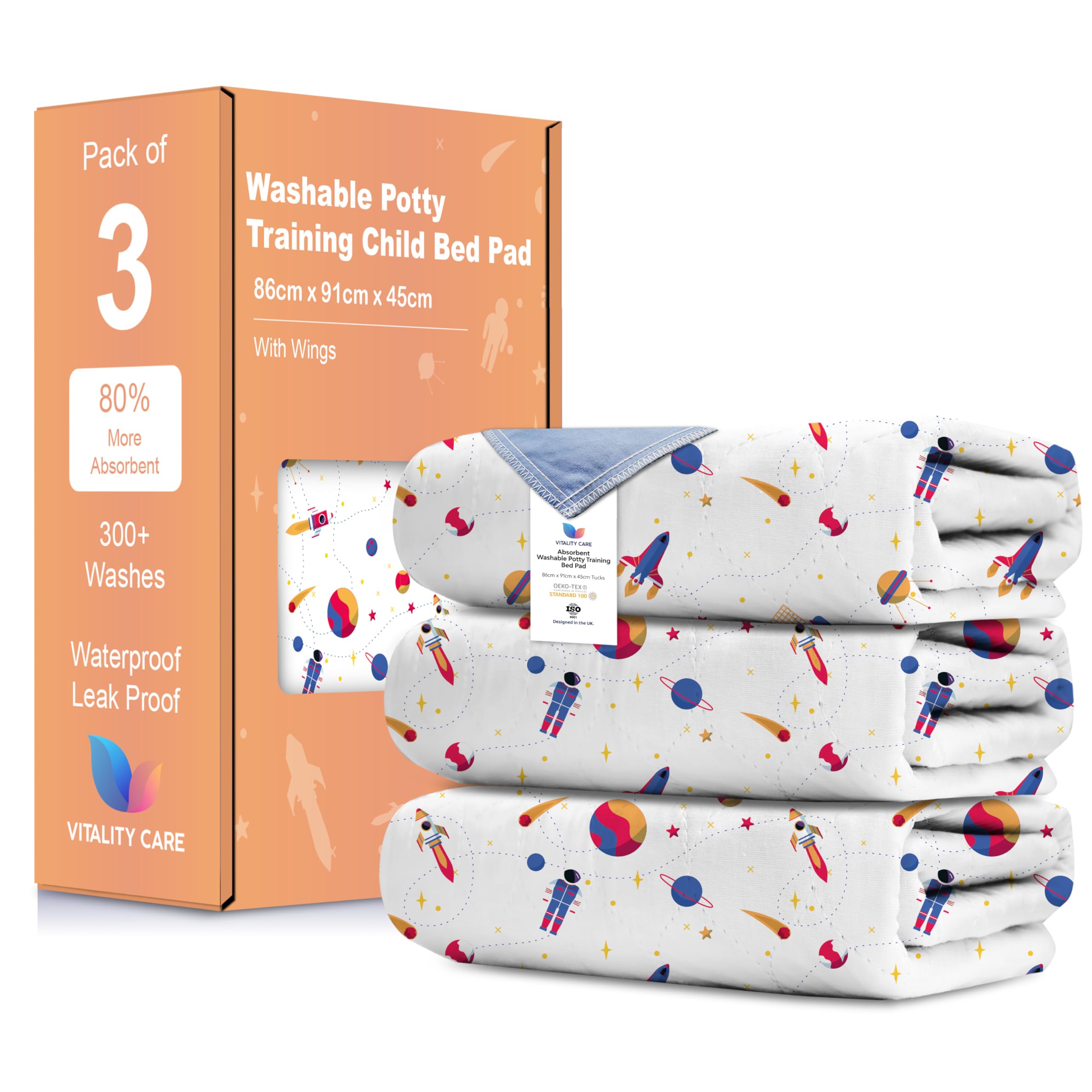 Vitality Care Potty Training Bed Pads, 100% Waterproof Bed Wetting Sheets, Machine Washable, Non-Slip with Tuck-in Flaps, 86 x 91 cm, Space Design, Single