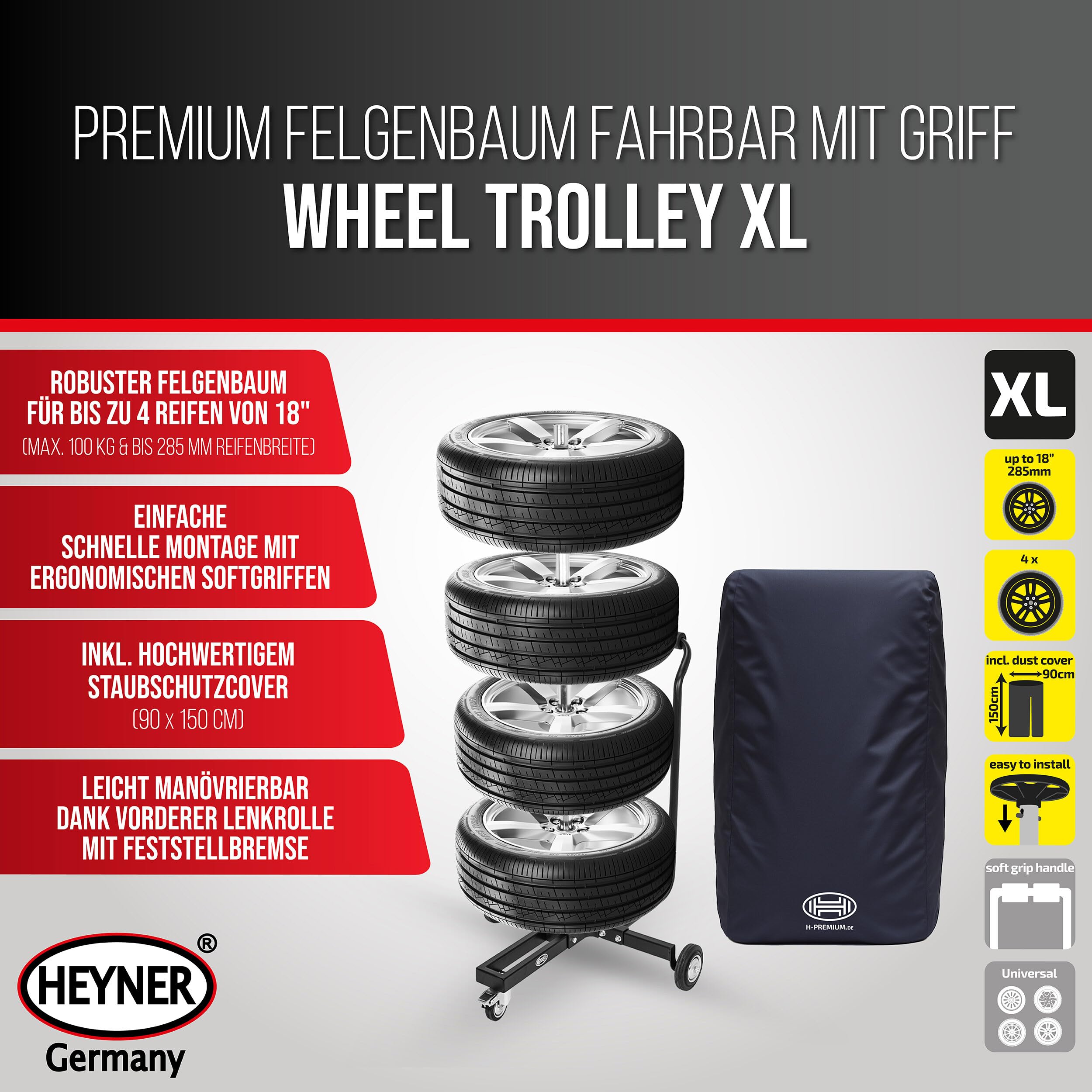 HEYNER® Felgenbaum fahrbar bis 100 kg und 285 mm Reifenbreite mit Griff | ergonomische Softgriffe, inklusive Staubschutzcover 90 x 150cm, Lenkrolle mit Feststellbremse für einfache Manövrierbarkeit