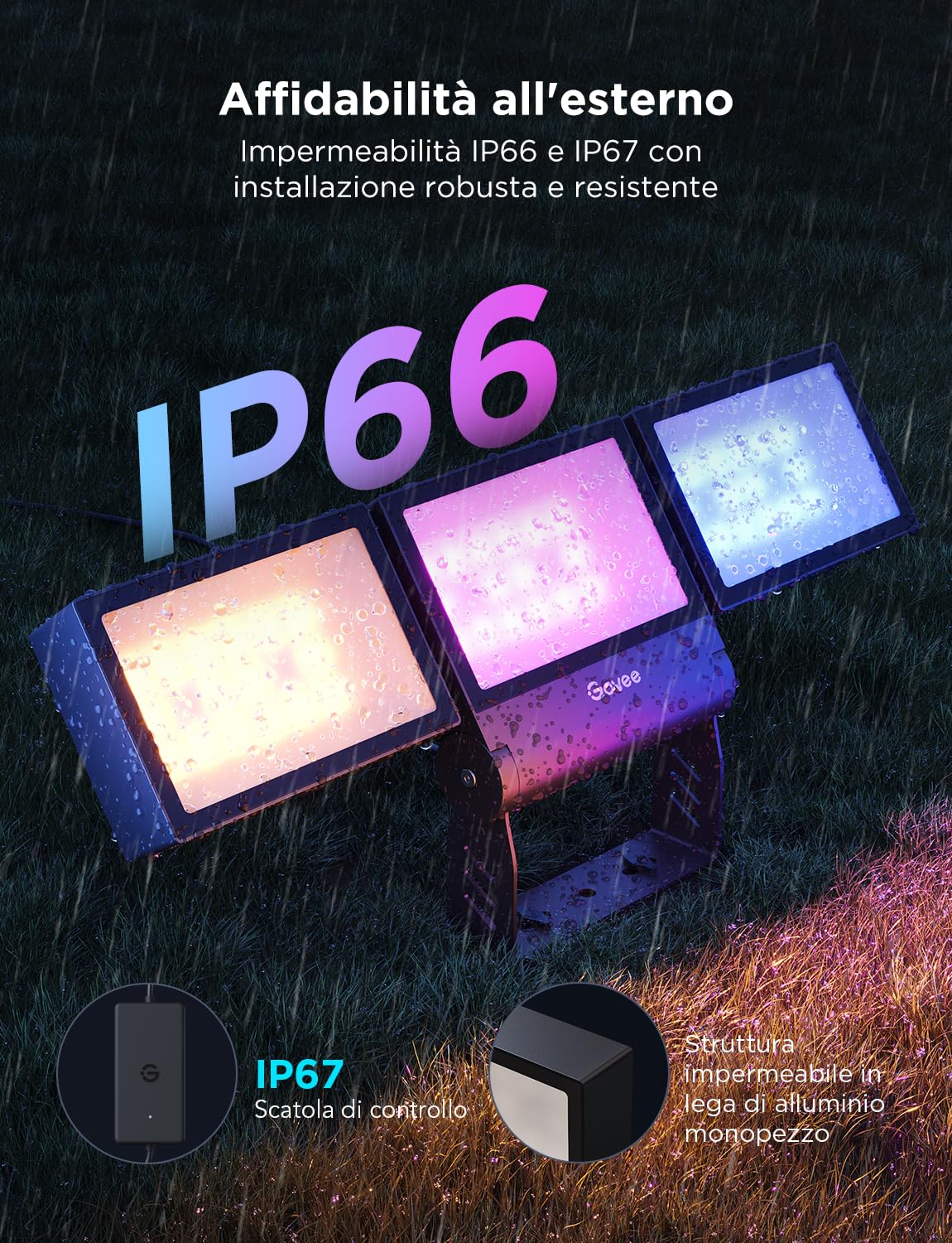 Govee Luci di Inondazione per Esterni, Proiettore RGBICWW 4500LM, Luce per Esterni Intelligente IP66 Lavora con Matter e Alexa, Lega di Alluminio, Giardino, Garage, Cortile