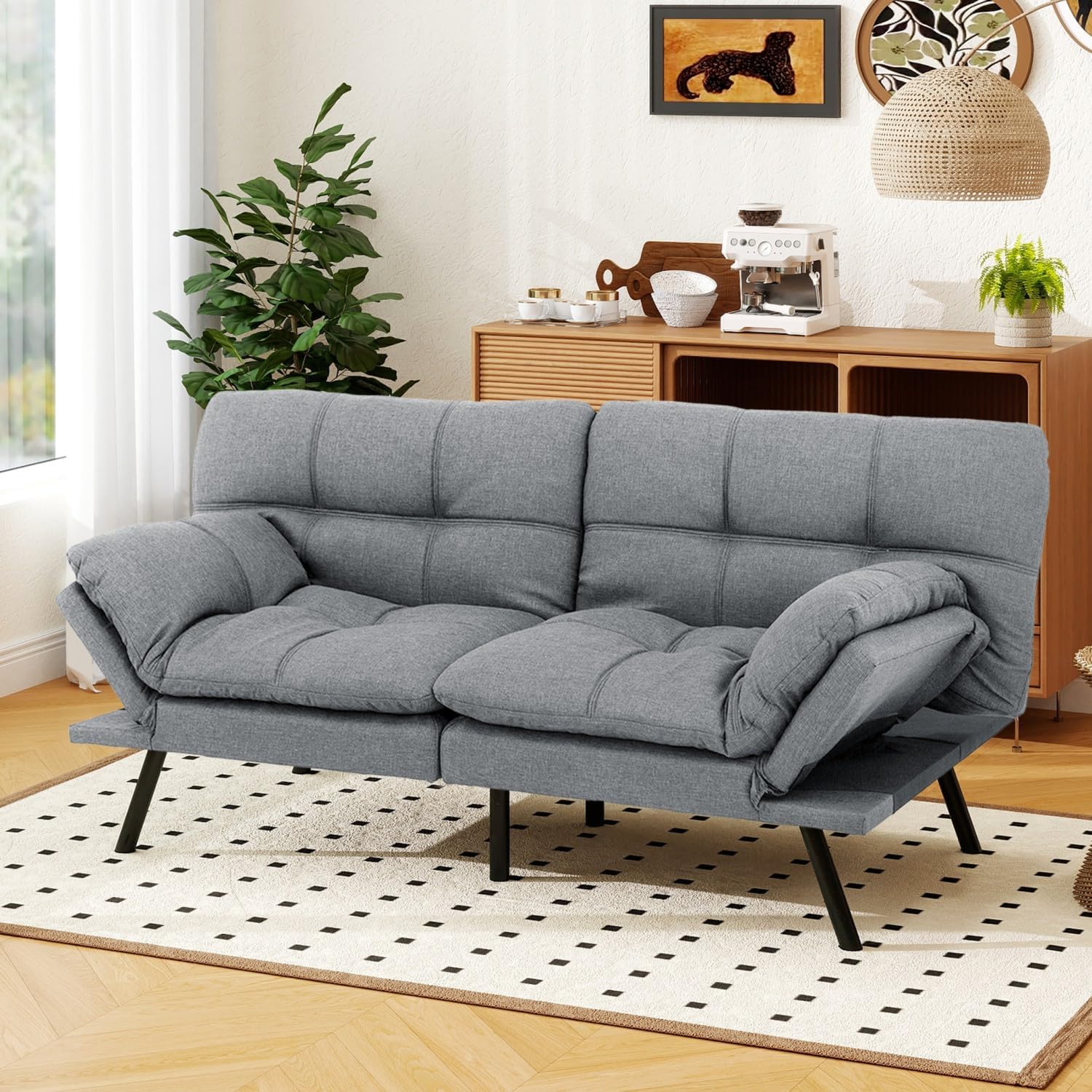 MUUEGM 71" Convertible Futon Sofa Bed, Adjustable Backrest & Armrest Couch, Comfortable Sleeper Loveseat with Faux Leather, Ideal for Small Space Living Room, Apartment, Office, Black