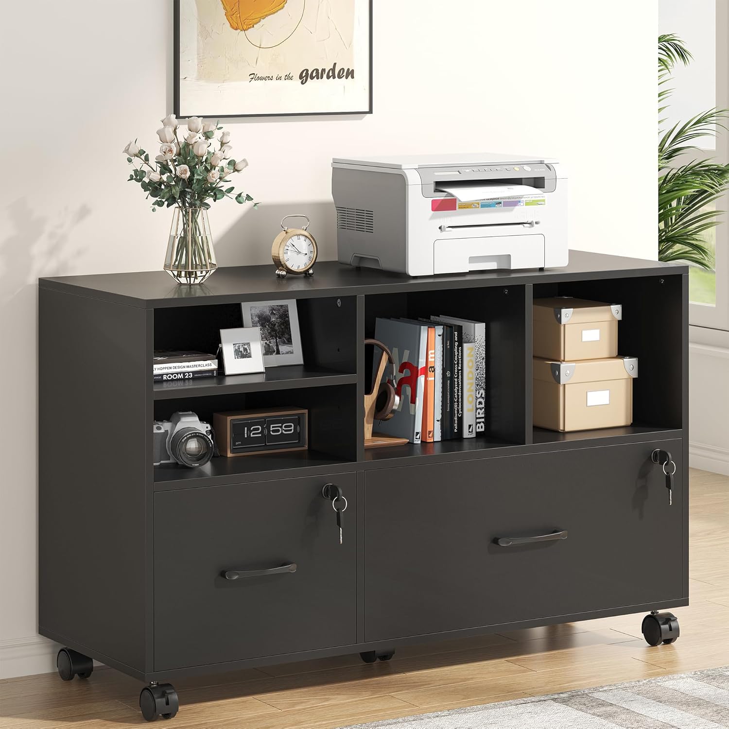 2 Drawer Wood Mobile Large Lateral File Cabinet, Lockable Rolling Filing Cabinet with Storage Shelves, Printer Stand Office Storage Cabinet for Home Office Fits Files Legal/A4, Black