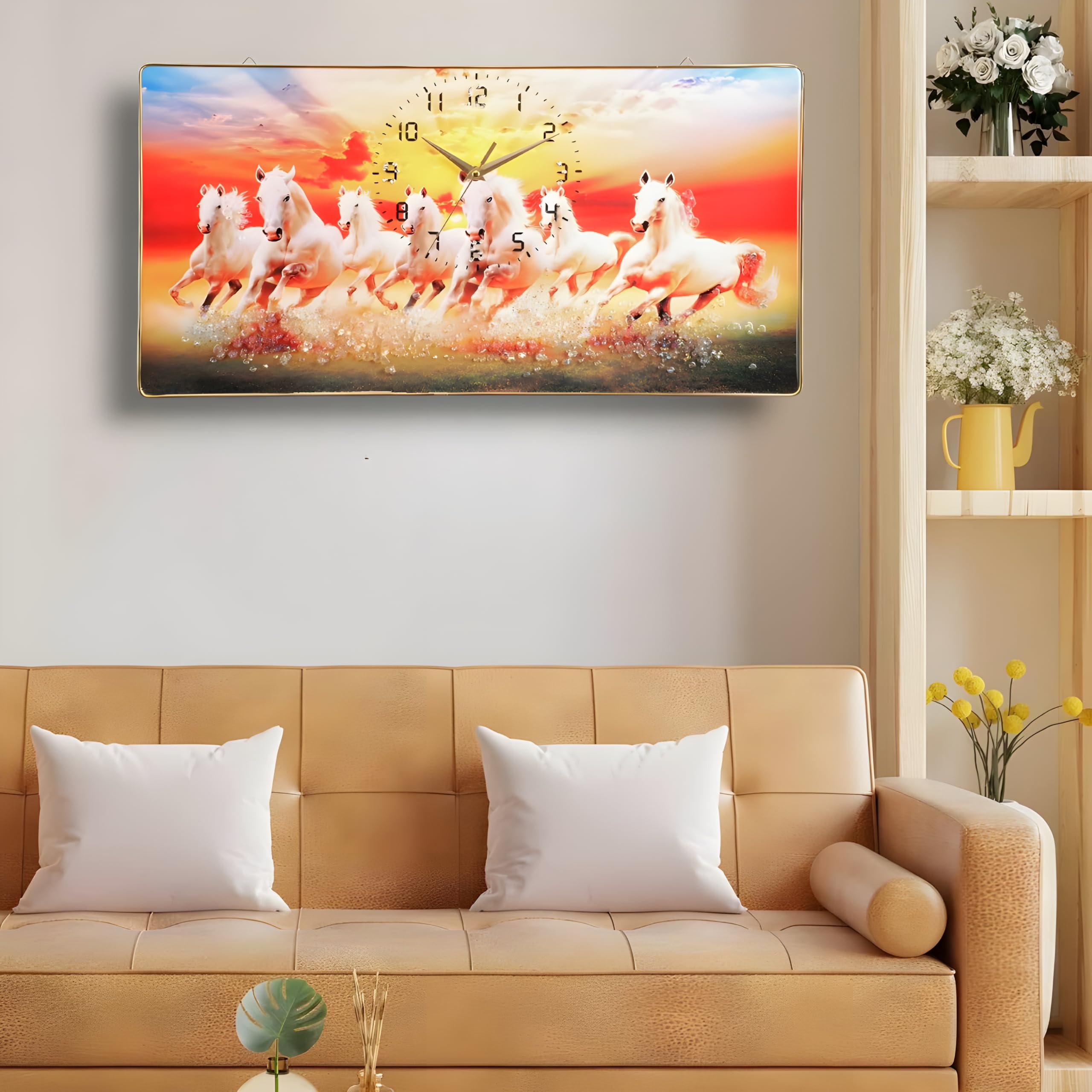 Amazon Brand – Umi Silent Crystal Wall Clock with Decorative Seven Horses Art Painting Picture Photo Frame Designer Stylish Latest wall clocks for Living Room Bedroom Home Decor Gift 30x60cm (UPC_146)-picture-23