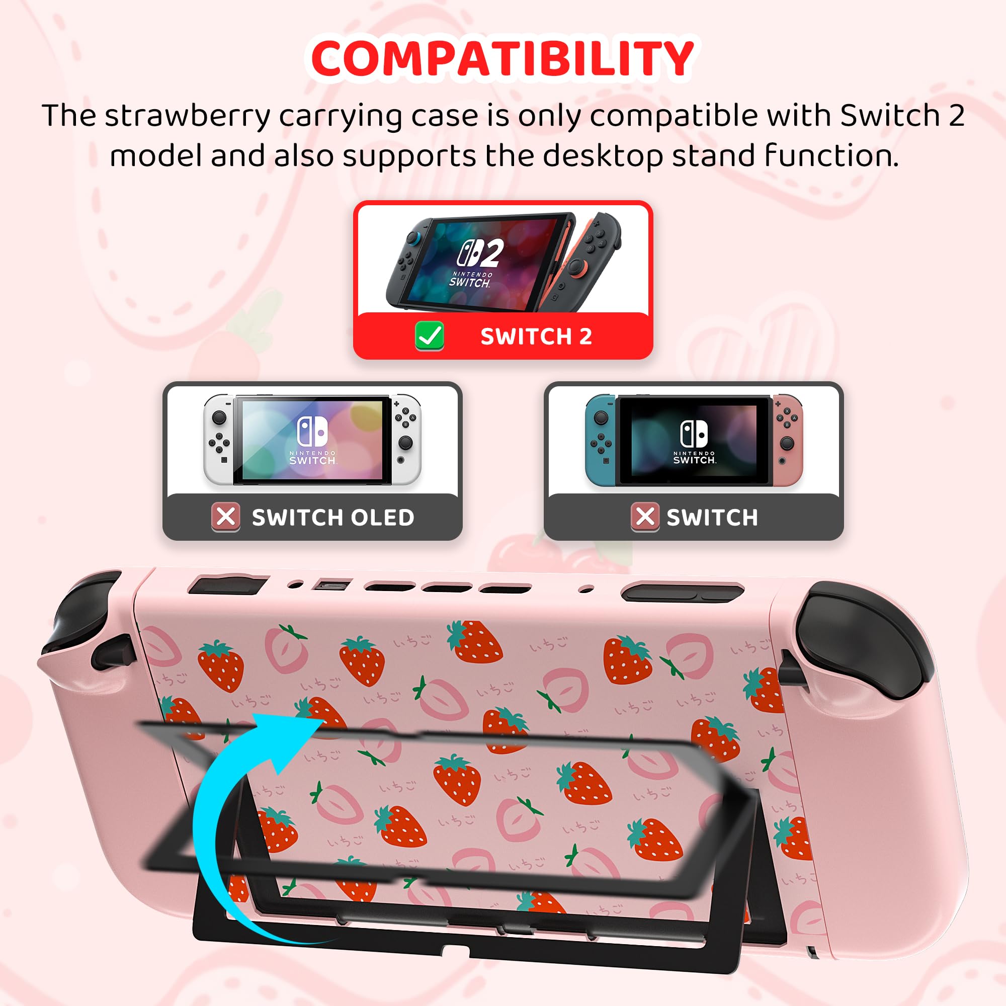 FUNDIARY Custodia da trasporto rosa per Switch 2 con design fragola, kit di accessori antiurto con custodia da viaggio sottile portatile, custodia agganciabile, pellicola proteggi schermo, tracolla e