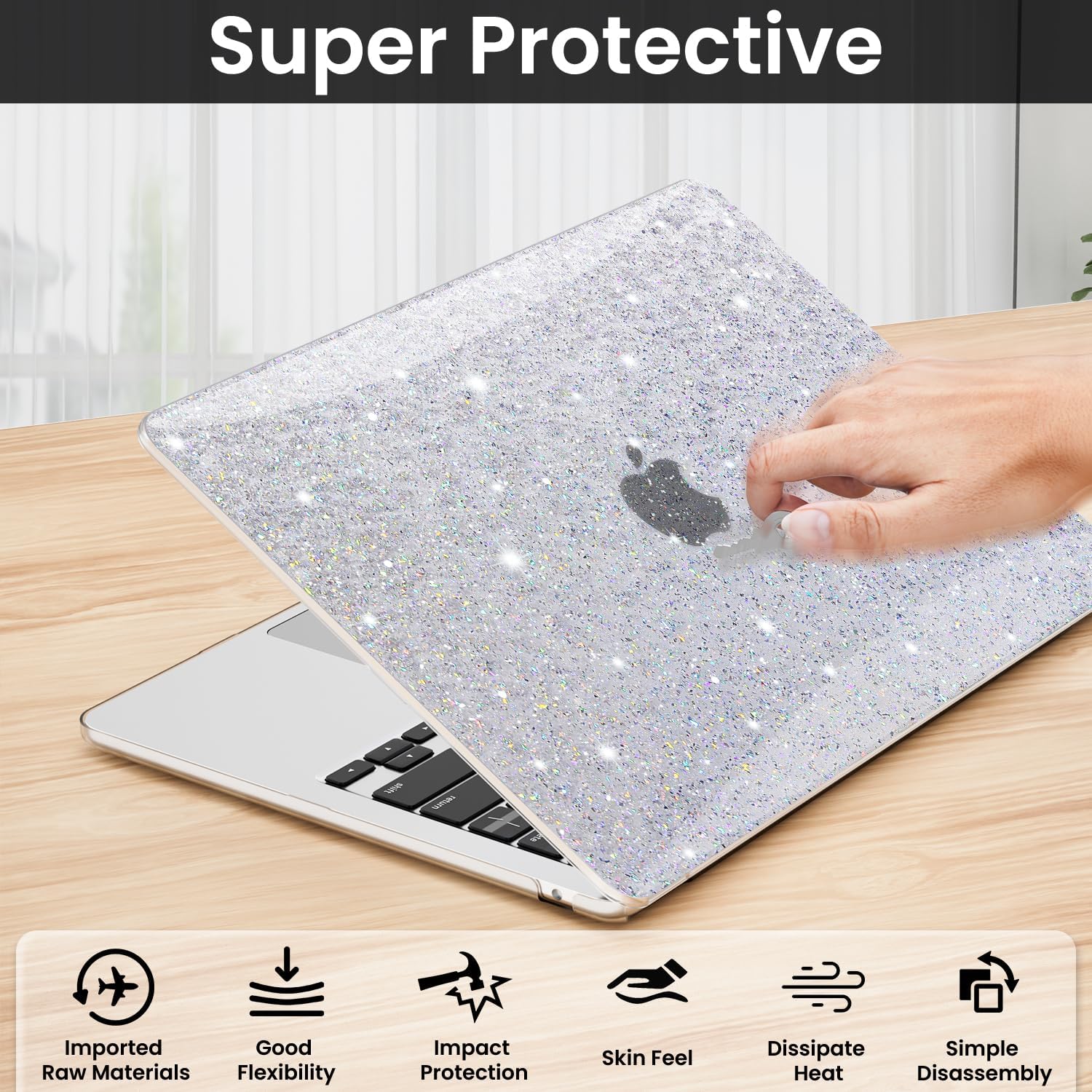 Compatible with MacBook Air 13 inch Case 2025 2024 2023 2022 M4 M3 M2 (Model A3240 A3113 A2681) Sturdy Laptop Hard Shell for MacBook Air 13.6" + Keyboard & Screen Cover, Glitter - Image 4