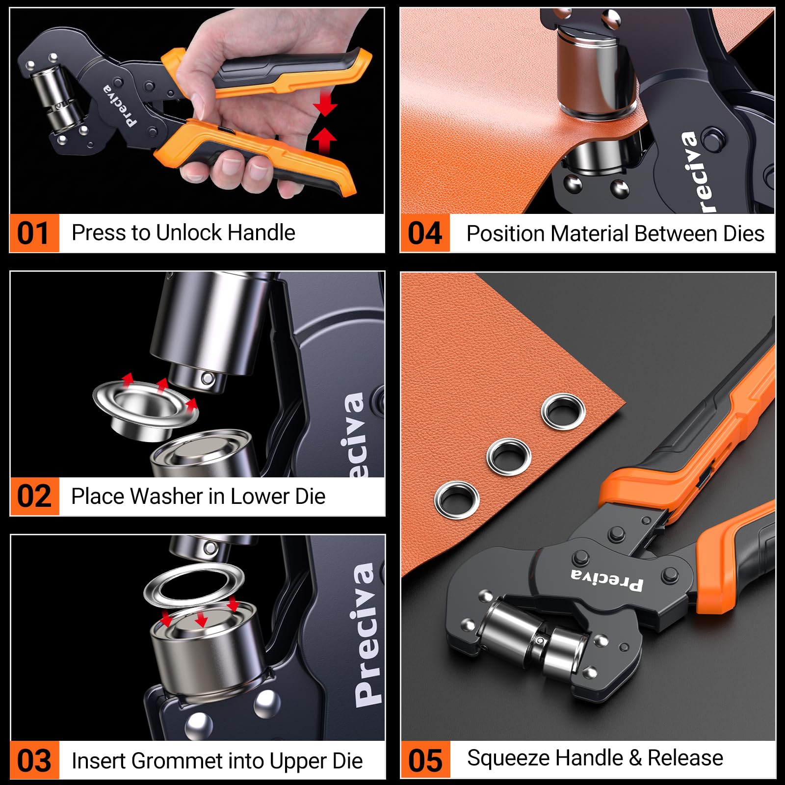 Preciva Ösenzange Set mit Wechselköpfen & 370 Ösen (Ø6/8/10/12 mm) – Handhebelsystem in Aufbewahrungsbox – Für Planen, PVC-Banner, Abdeckungen & Bastelarbeiten