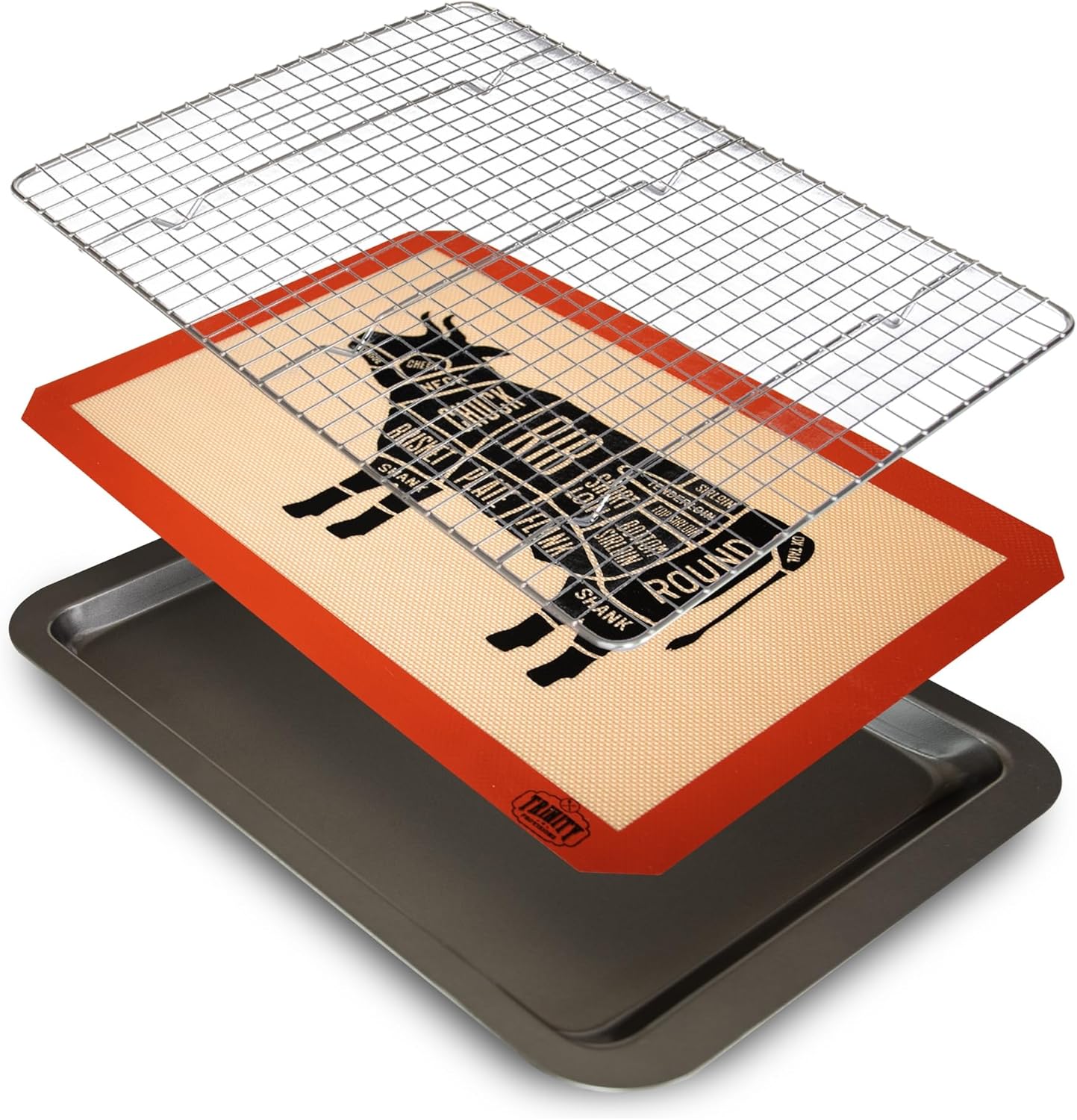 Trinity Provisions Meat Resting Pan - With Wire Rack and Silicone Baking Mat - Dishwasher and Oven Safe Stainless Steel, for Cooking and Cooling Steak, BBQ, Bacon, & More 13" x 18"