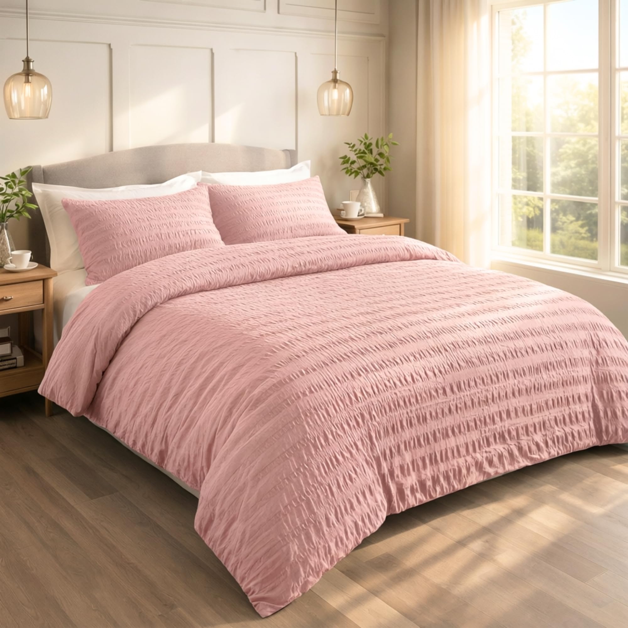 Seersucker Double Duvet Cover Set Pink with Pillowcase, Ultra Soft Brushed Microfiber Bedding Set, Breathable, Easy Care, Machine Washable Quilt Cover, Wrinkle Resistant