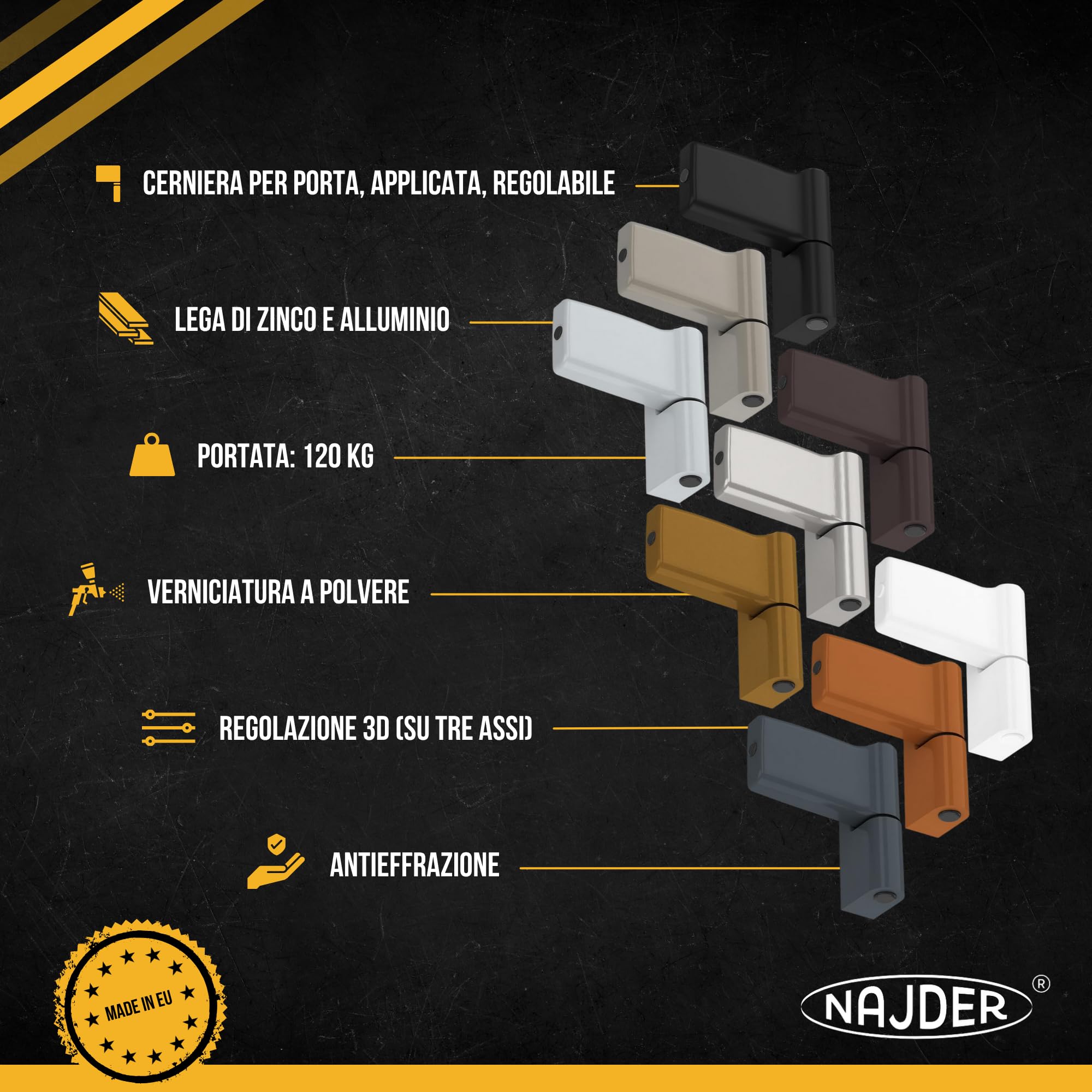 NAJDER Cerniera per porte in PVC Jocker 120 kg Altezza battuta: 20,5 mm, Cerniera per ante, Cerniera in zama, Struttura monolitica, Antieffrazione, Colore: Grigio Marrone RAL 8019