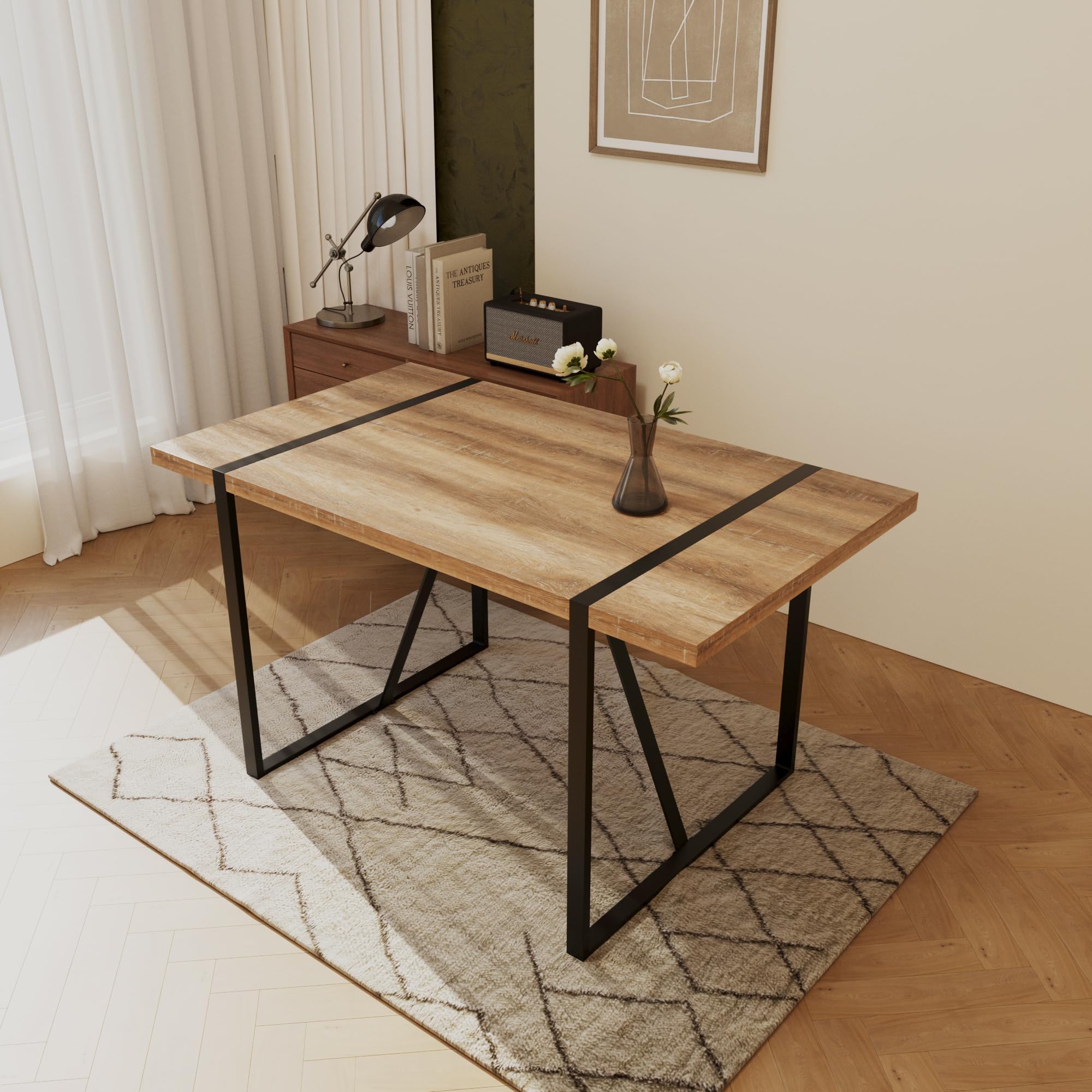 Modern Wooden Dining Table, 55'' Wooden Rectangle Table, Kitchen & Dining Room Table, Modern Kitchen Dining Table with Black Metal Legs for Living