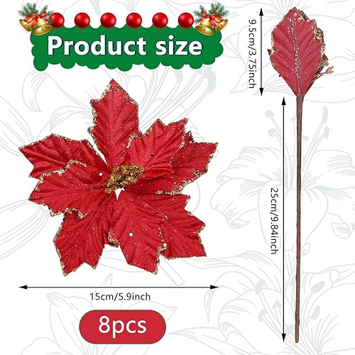 Miniatura 2 de Homcomoda 8 flores de Pascua rojas de Navidad con tallos de flores de Navidad con brillantina, adornos de Navidad para árbol de Navidad, clima,