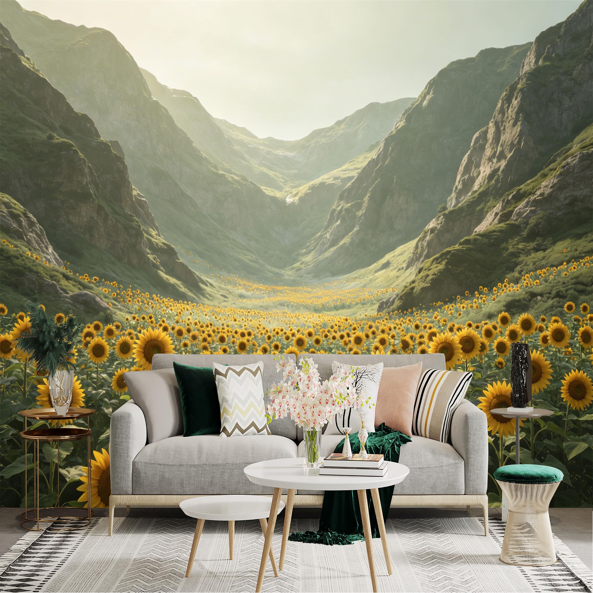 Lnzczhyre Dbh260521865 Custom Size Wall Sticker Mural， Vast Sunflower Field， Golden Valley Landscape， Sunny Mountain Scenery， Nature Botanical Decor， For Wall Decoration， Peelandstick Wall Decals.